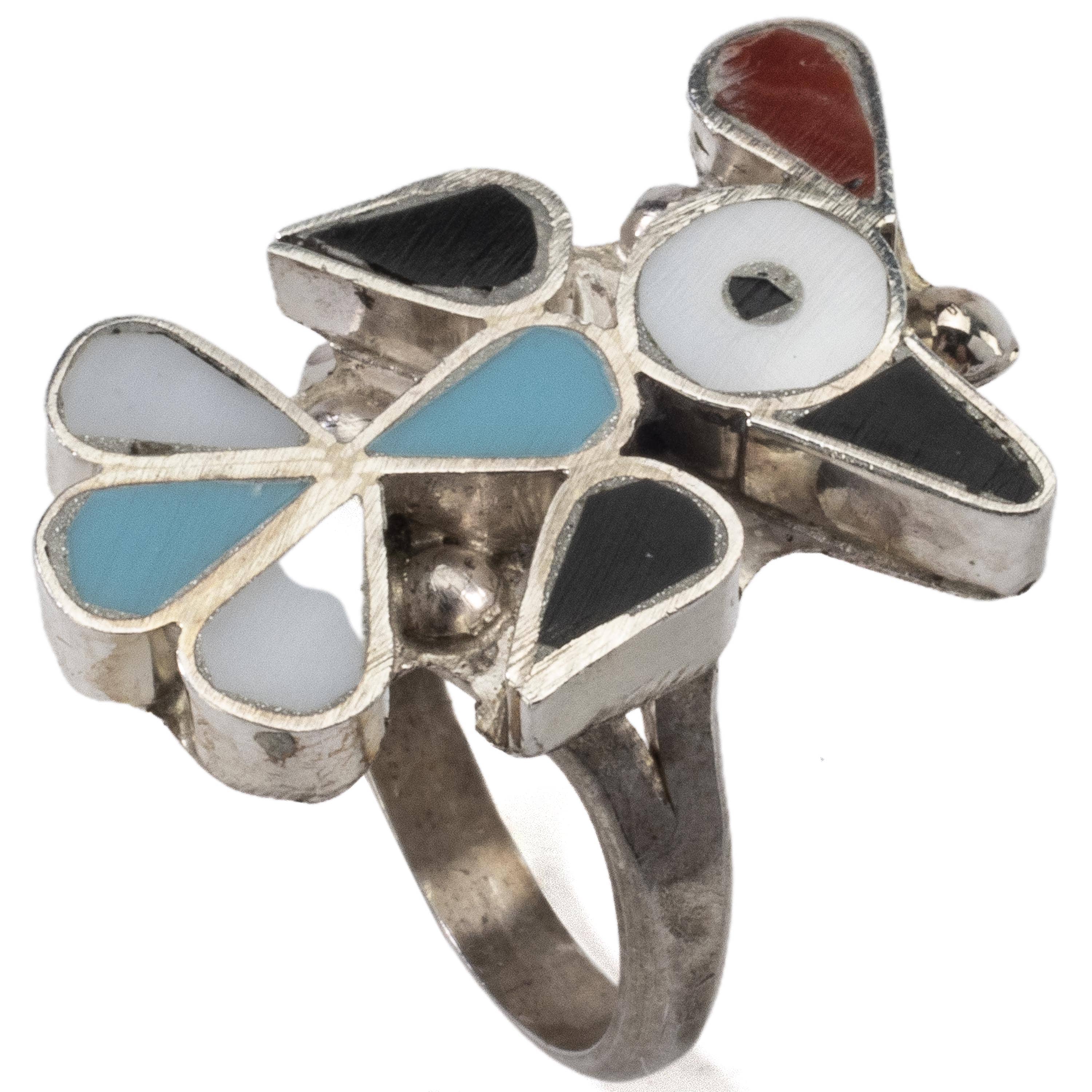 Kalifano Native American Jewelry 6 Pino Yunie Zuni Peyote Bird with Mother of Pearl, Black Onyx, Turquoise, and Coral USA Native American Made 925 Sterling Silver Ring NAR200.018.6