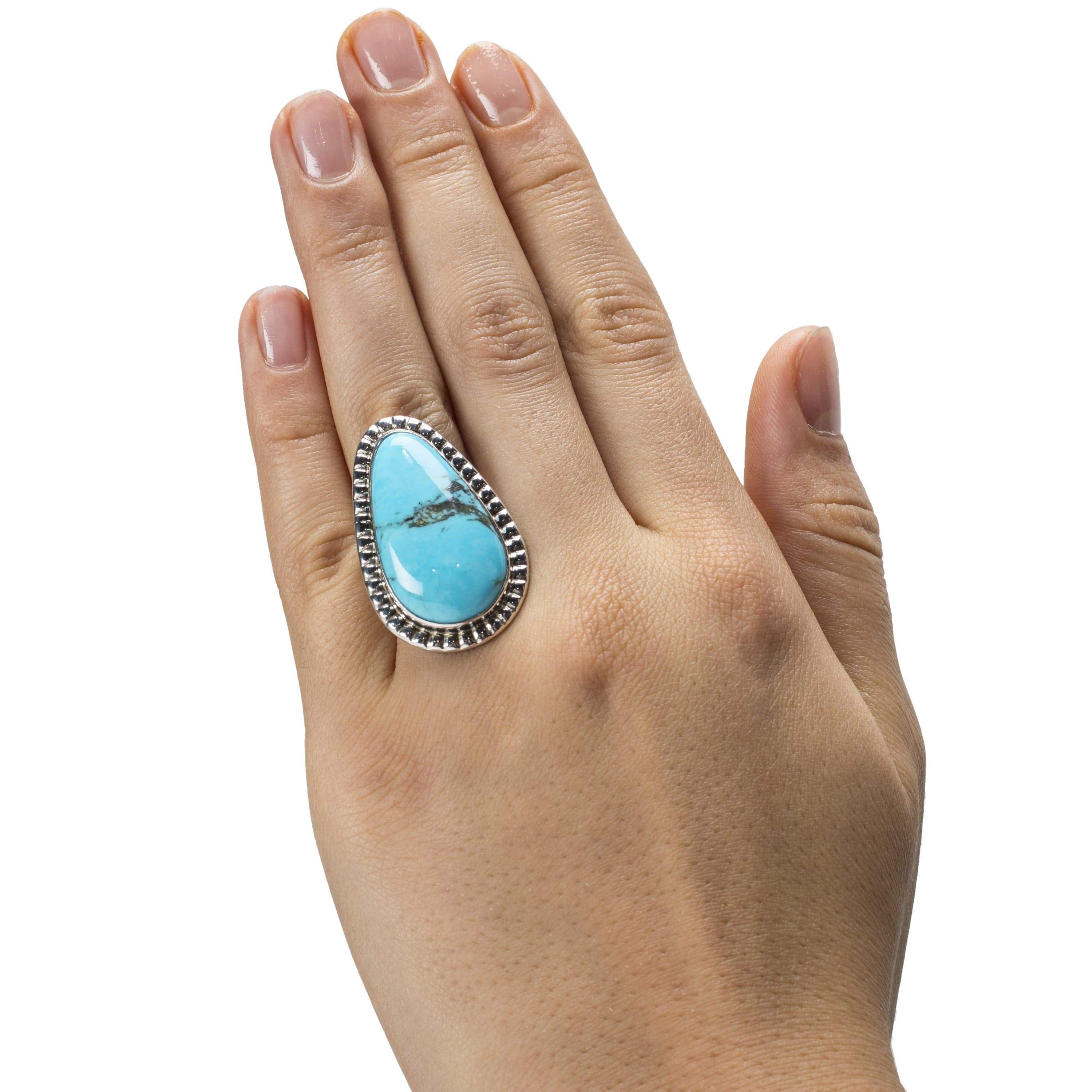 Kalifano Native American Jewelry 6 Ray Bennett Kingman Turquoise Pear Shaped USA Native American Made 925 Sterling Silver Ring NAR400.034.6