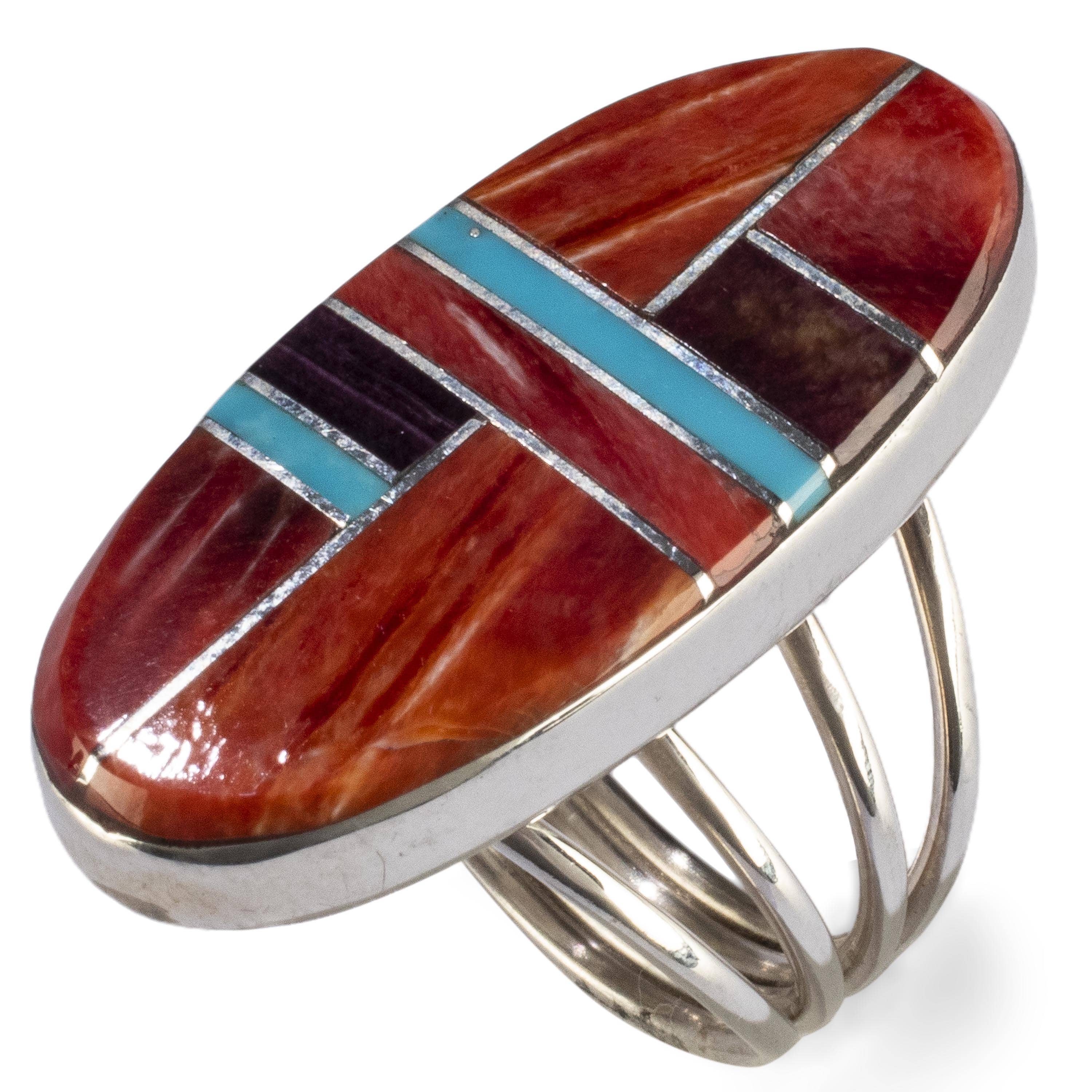 Kalifano Native American Jewelry 6 Red, Orange, and Purple Spiny Oyster Shell with Turquoise Inlay USA Native American Made 925 Sterling Silver Ring NAR800.040.6