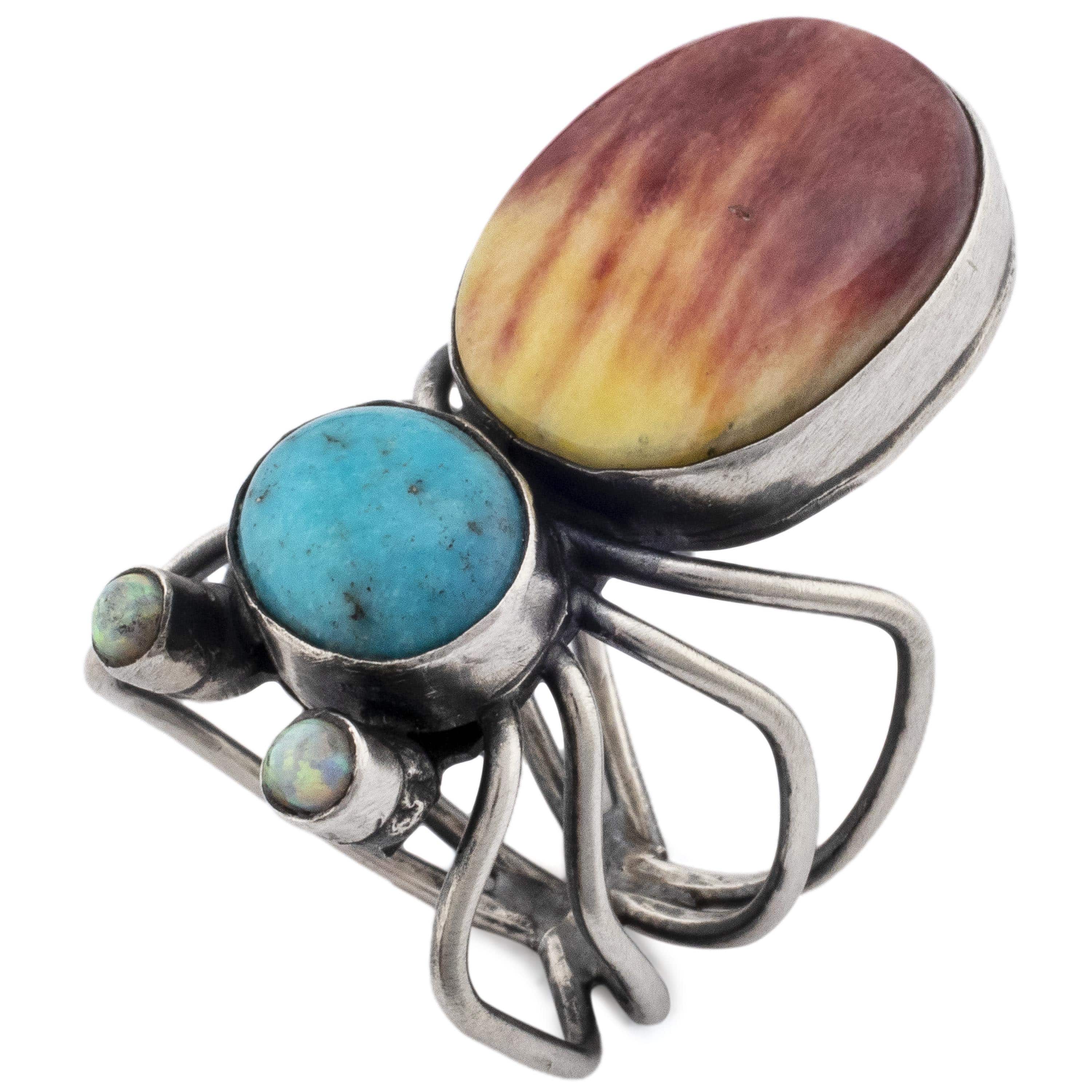 Kalifano Native American Jewelry 7.5 Herbert Ration Kingman Turquoise and Spiny Oyster Shell Spider USA Native American Made 925 Sterling Silver Ring NAR2400.006.75
