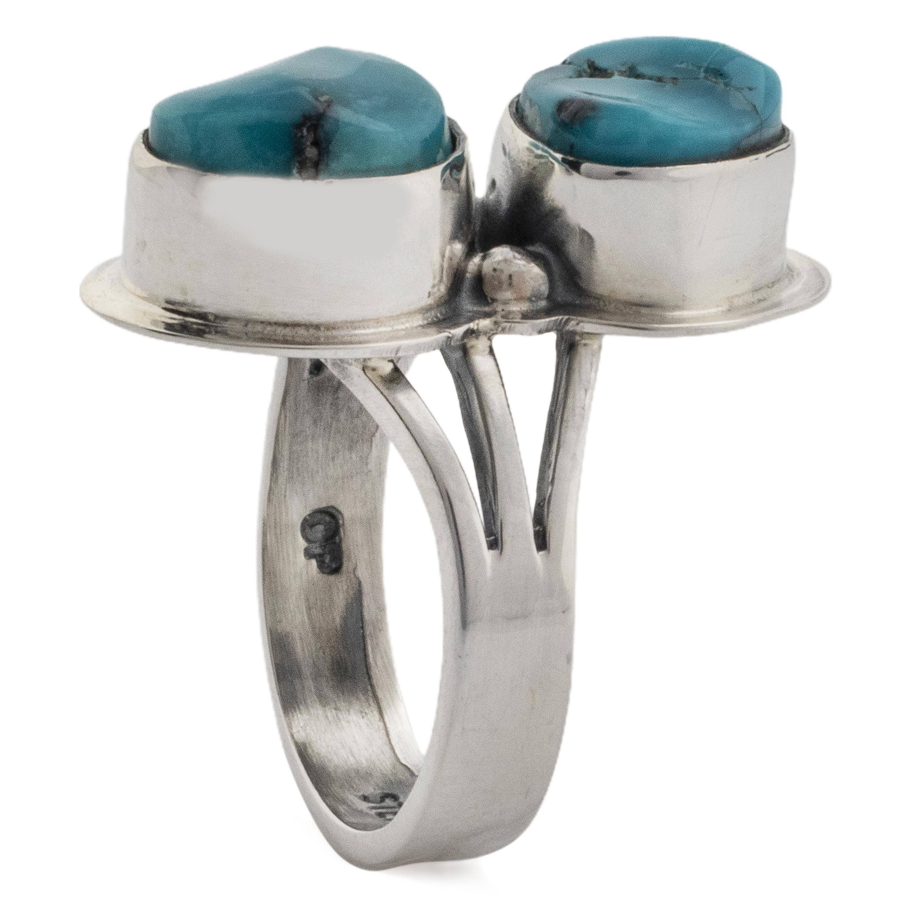 Kalifano Native American Jewelry 7 Double Stone King Manassa Turquoise USA Handmade 925 Sterling Silver Ring NAR350.009.7