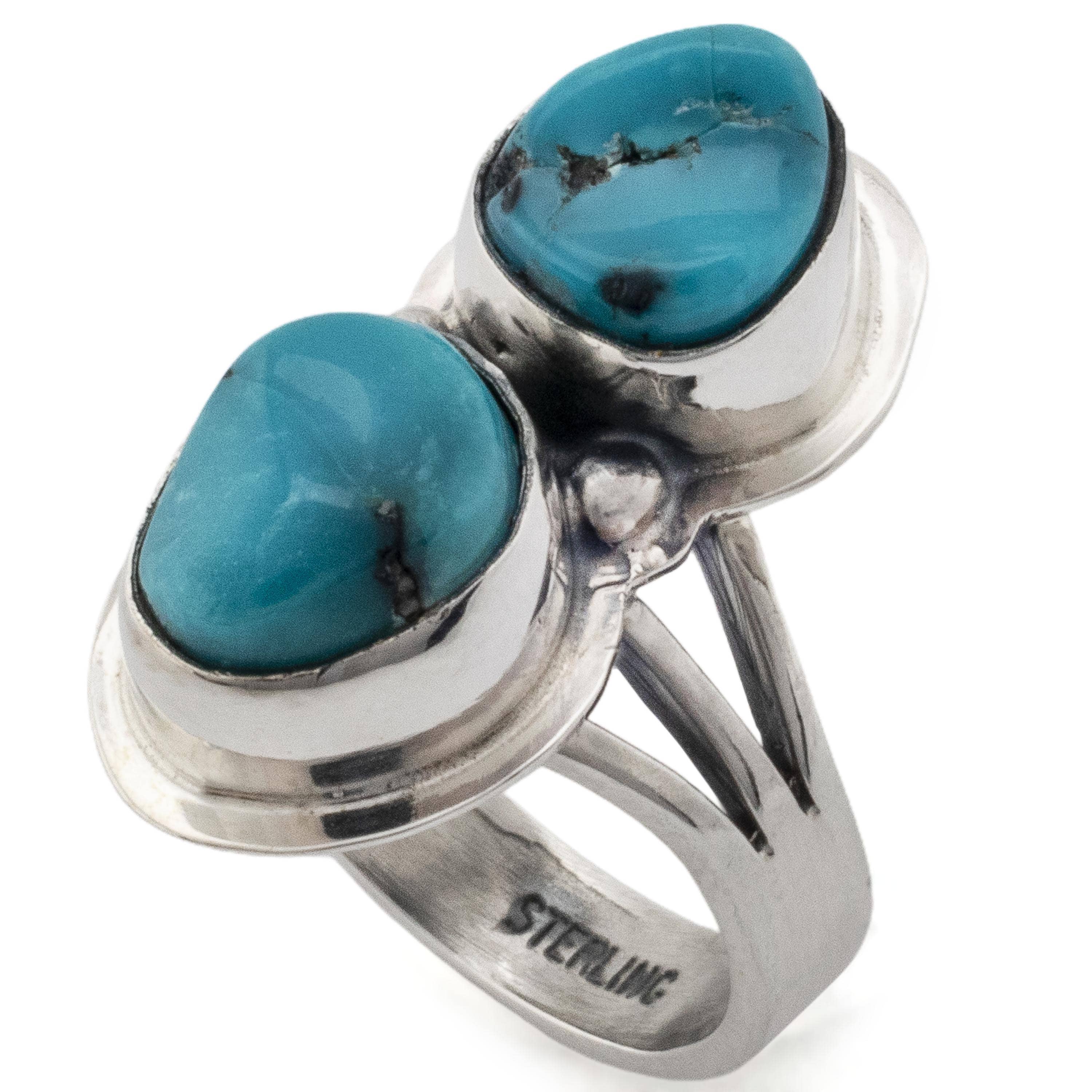Kalifano Native American Jewelry 7 Double Stone King Manassa Turquoise USA Handmade 925 Sterling Silver Ring NAR350.009.7
