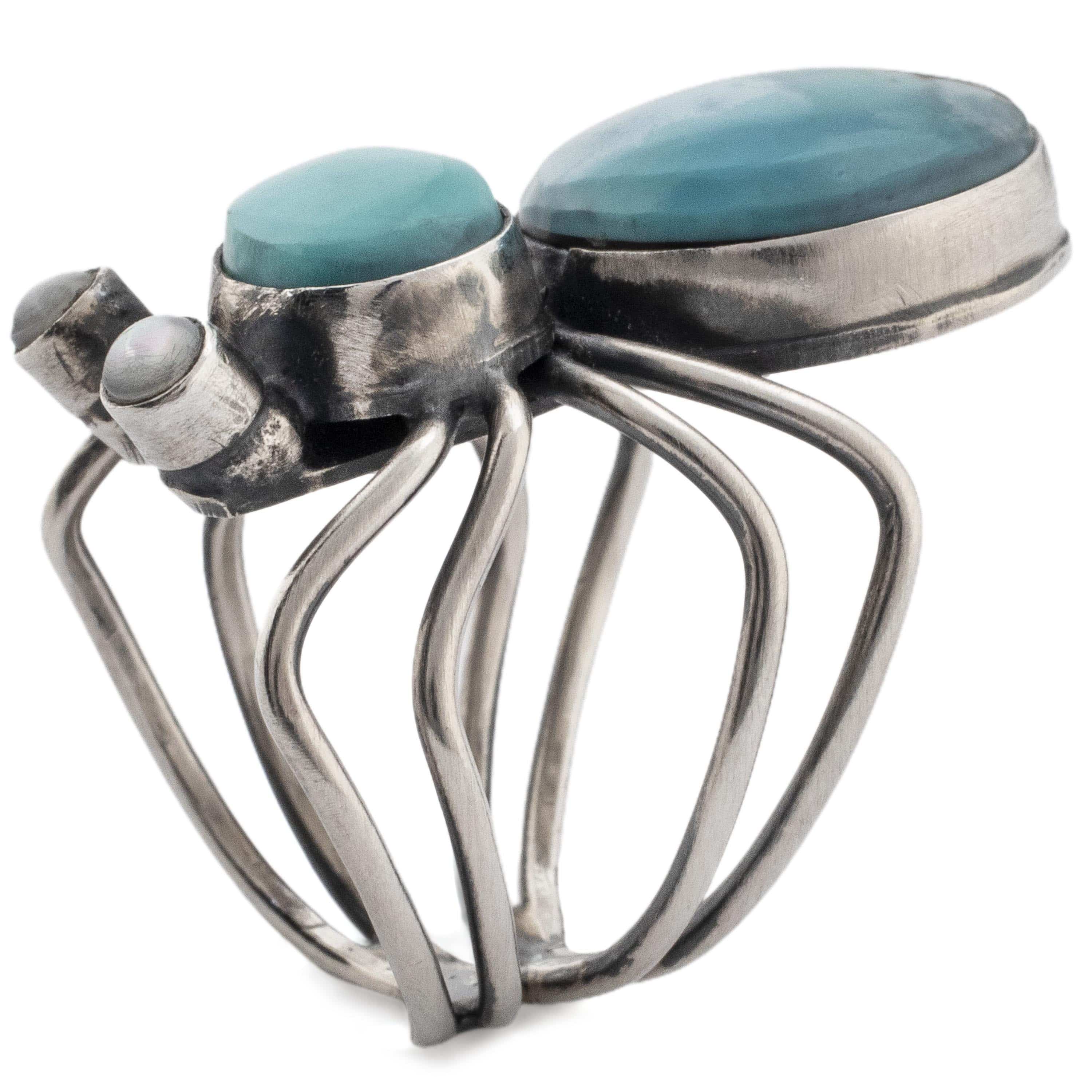 Kalifano Native American Jewelry 7 Herbert Ration Kingman Turquoise and Golden Hills Turquoise Spider USA Native American Made 925 Sterling Silver Ring NAR2400.007.7