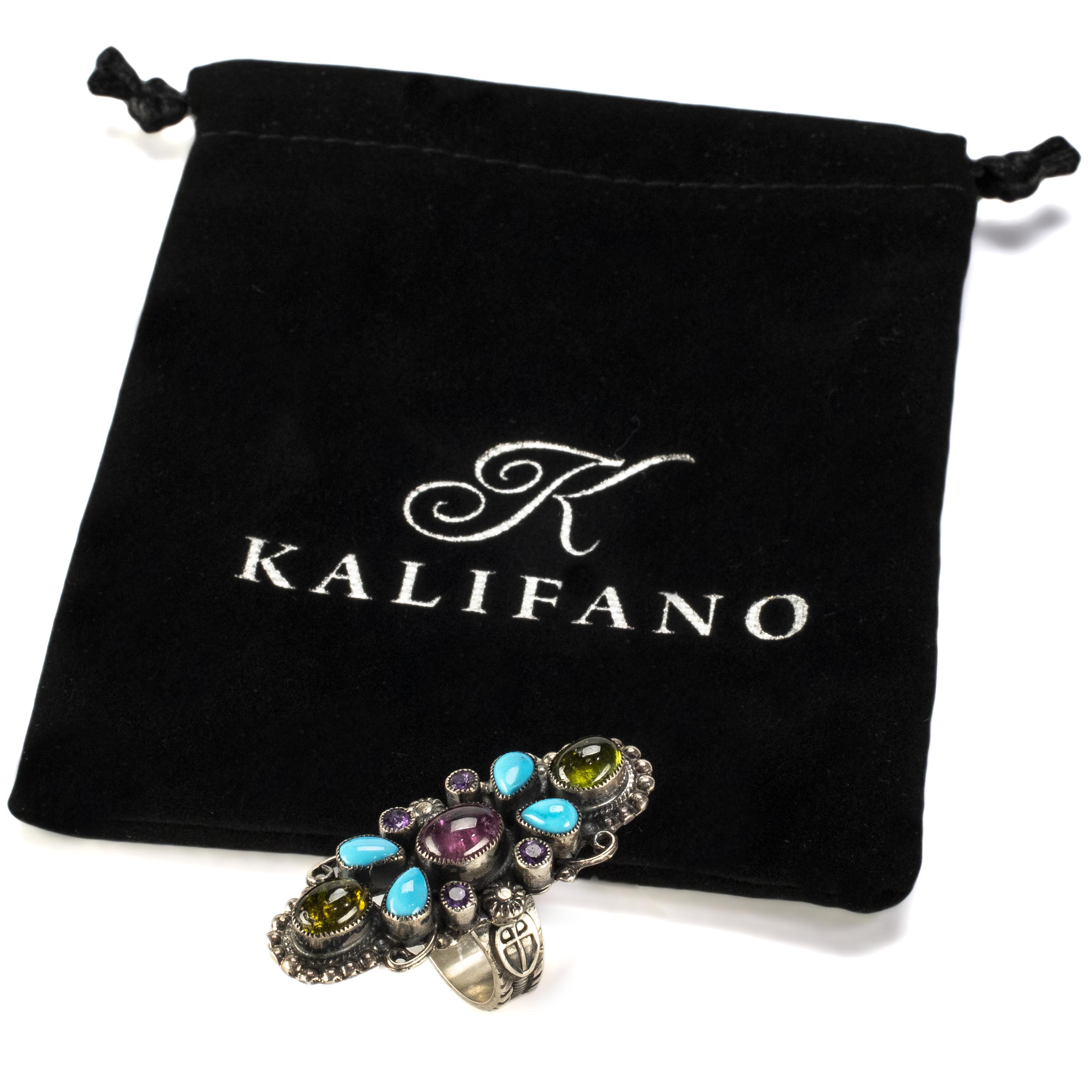 Kalifano Native American Jewelry 7 Leo Feeney Sleeping Beauty Turquoise, Peridot, Amethyst, Green & Pink Tourmaline USA Native American Made 925 Sterling Silver Ring NAR1600.005.7