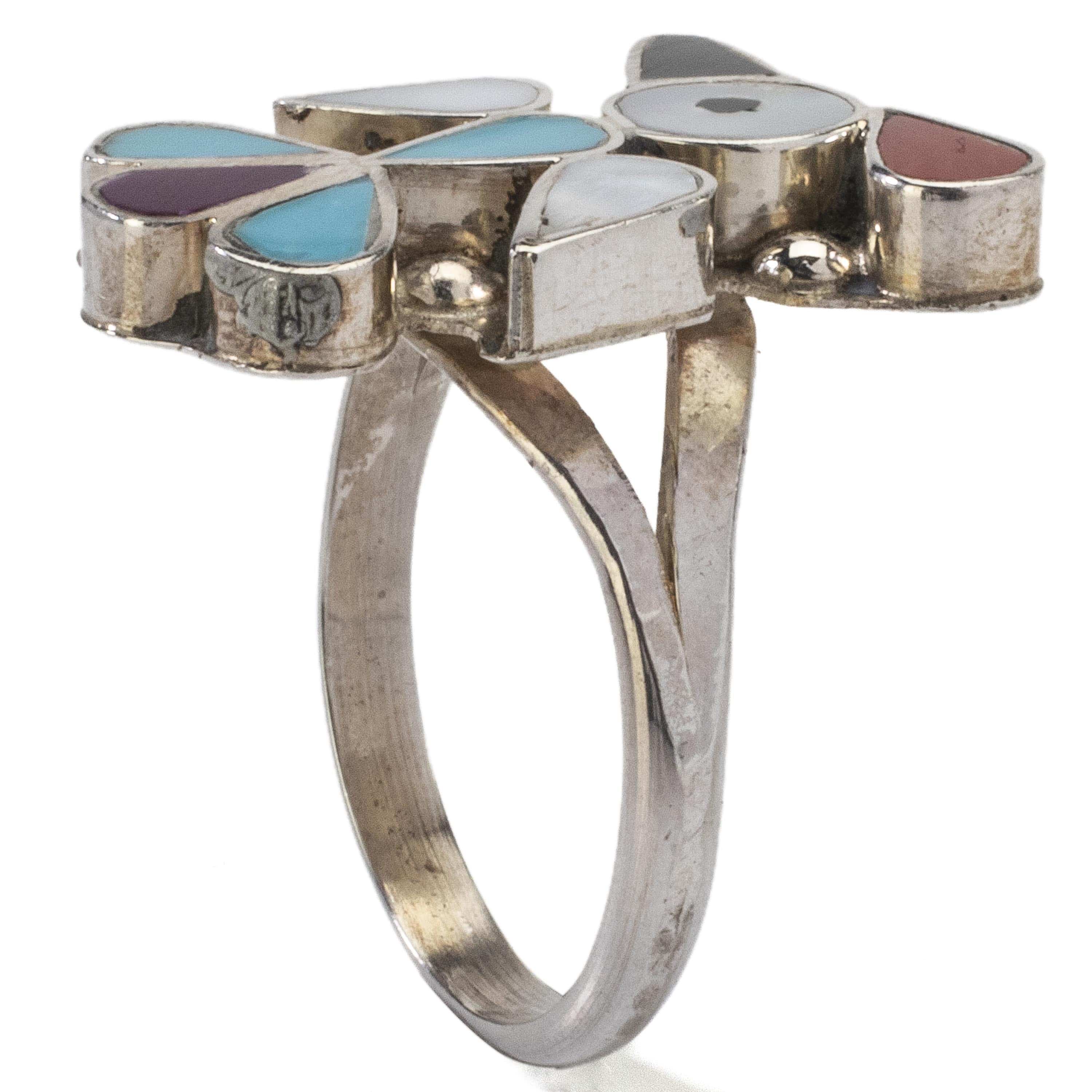 Kalifano Native American Jewelry 7 Pino Yunie Zuni Peyote Bird with Mother of Pearl, Black Onyx, Coral, Purple Spiny Oyster Shell, & Turquoise USA Native American Made 925 Sterling Silver Ring NAR200.023.7