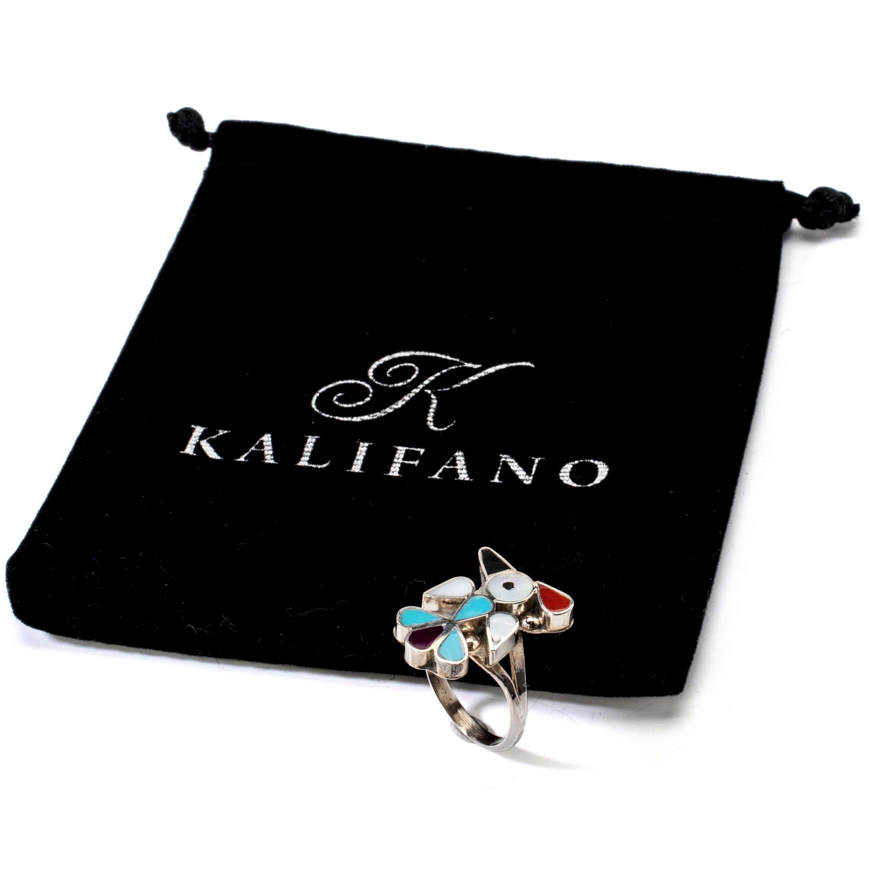 Kalifano Native American Jewelry 7 Pino Yunie Zuni Peyote Bird with Mother of Pearl, Black Onyx, Coral, Purple Spiny Oyster Shell, & Turquoise USA Native American Made 925 Sterling Silver Ring NAR200.023.7