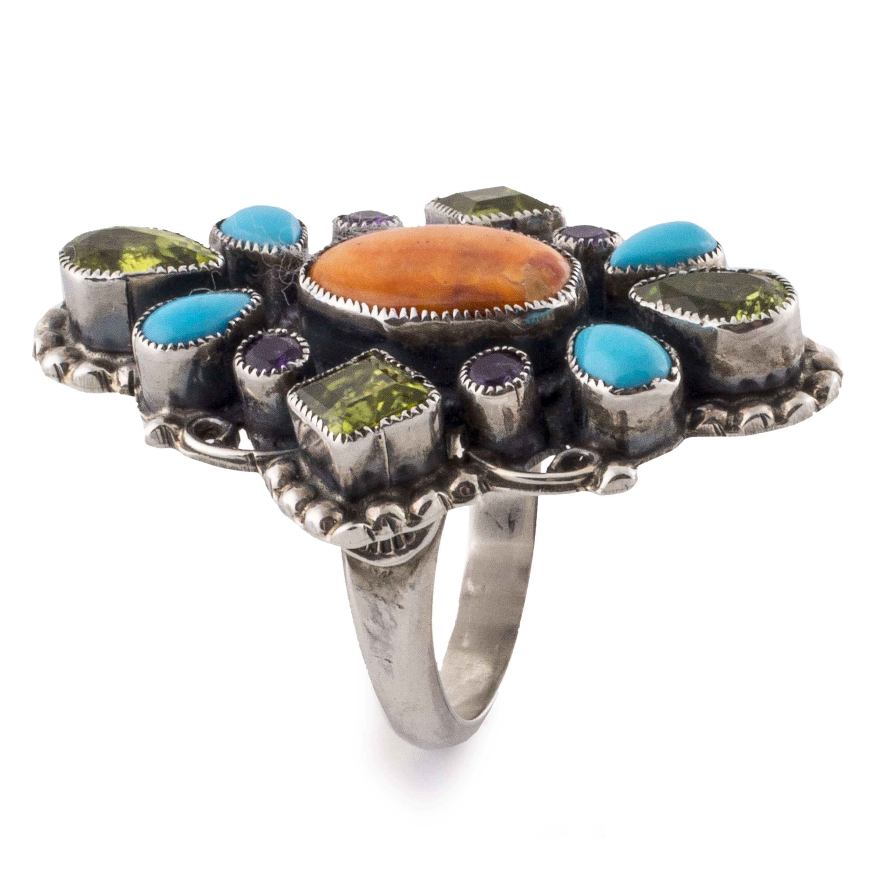 Kalifano Native American Jewelry 8.5 Leo Feeney Sleeping Beauty Turquoise, Spiny Oyster Shell , Amethyst, and Peridot USA Native American Made 925 Sterling Silver Ring NAR1500.010.85