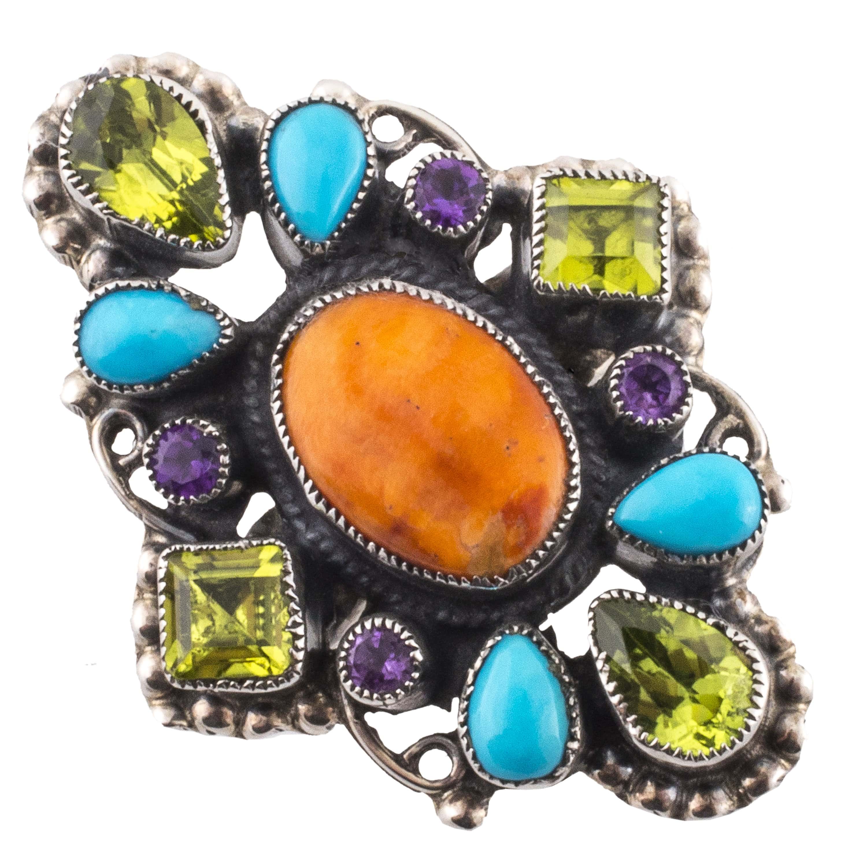 Kalifano Native American Jewelry 8.5 Leo Feeney Sleeping Beauty Turquoise, Spiny Oyster Shell , Amethyst, and Peridot USA Native American Made 925 Sterling Silver Ring NAR1500.010.85