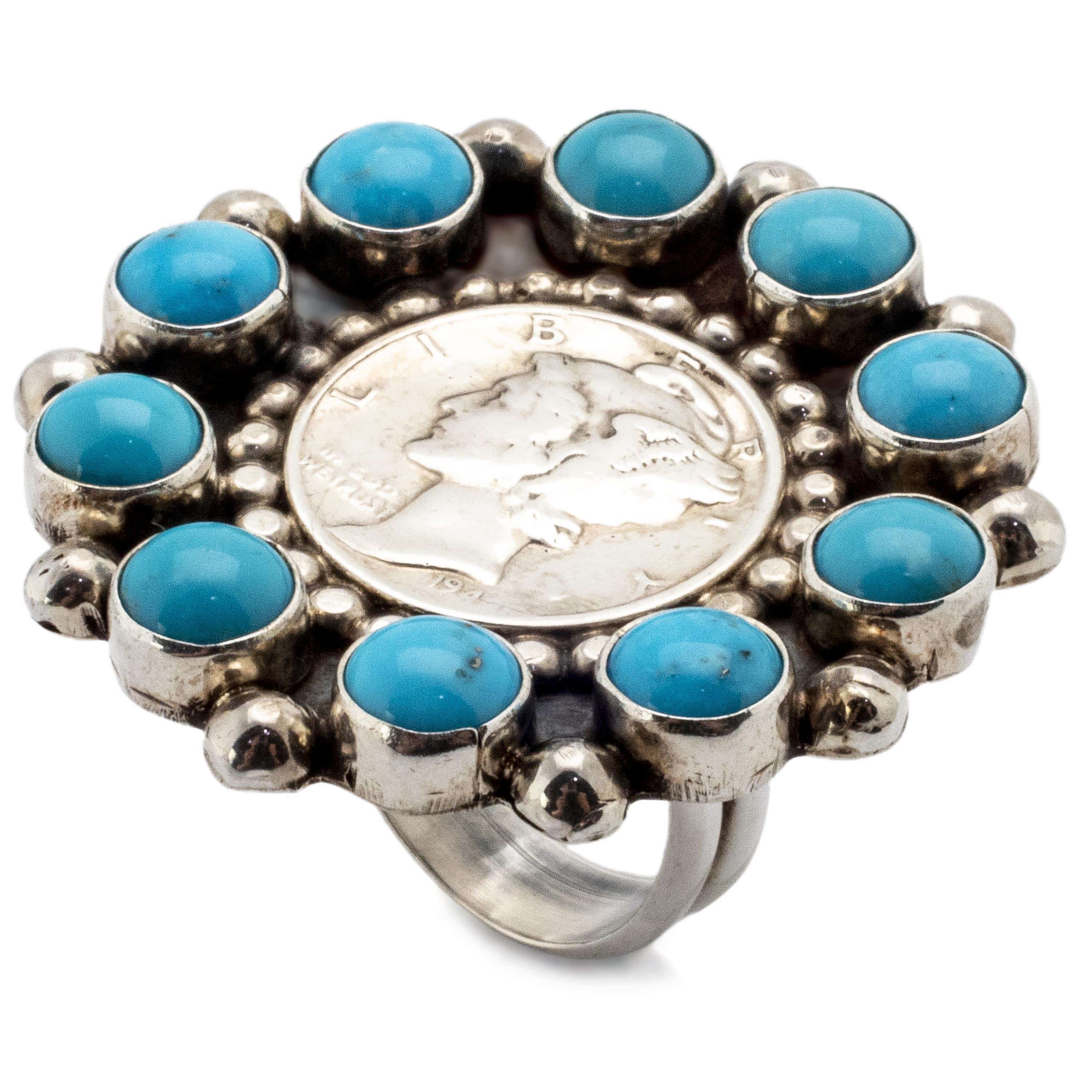 Kalifano Native American Jewelry 8 Kingman Turquoise Liberty Coin USA Native American Made 925 Sterling Silver Adaptive Ring NAR1200.034.8