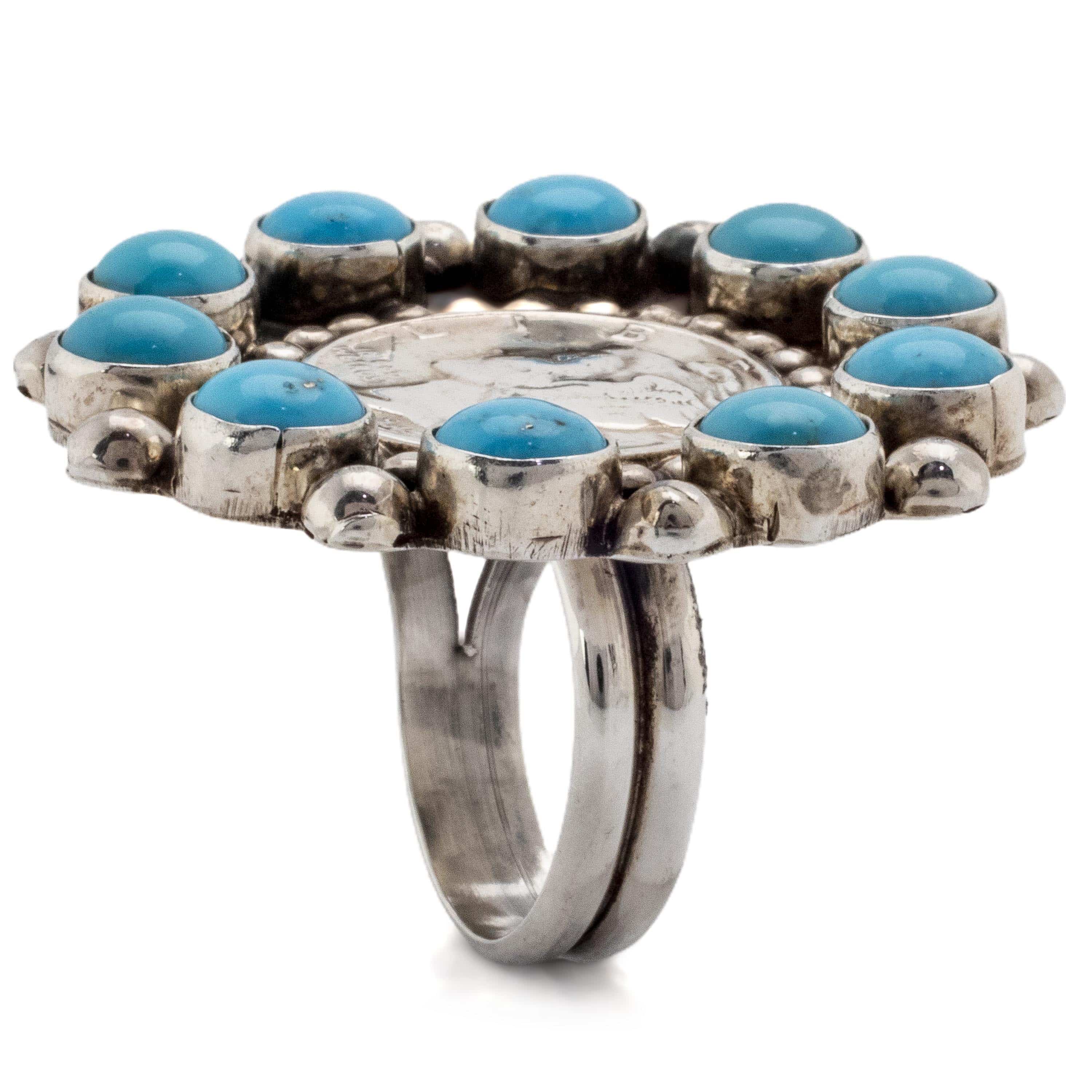 Kalifano Native American Jewelry 8 Kingman Turquoise Liberty Coin USA Native American Made 925 Sterling Silver Adaptive Ring NAR1200.034.8