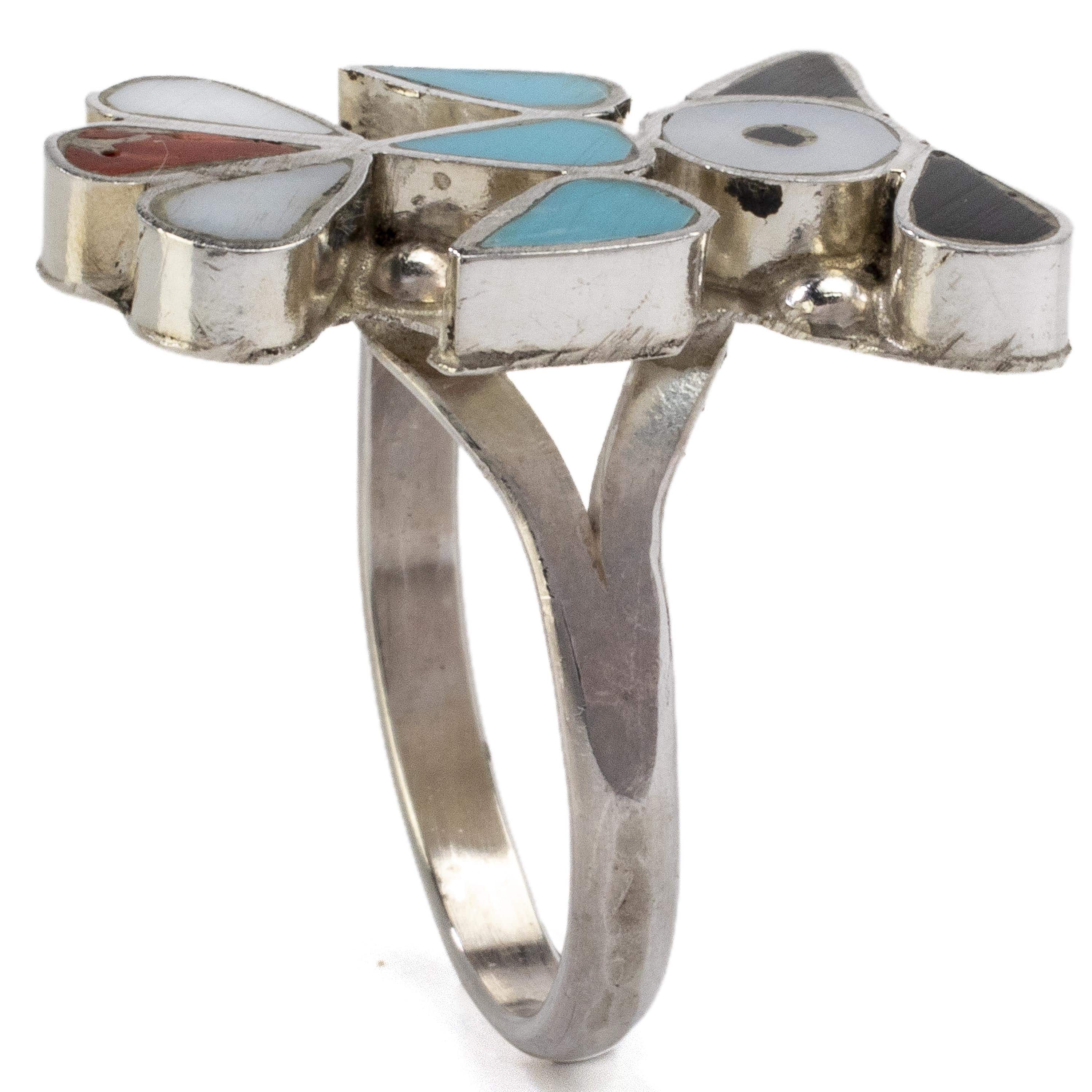 Kalifano Native American Jewelry 8 Pino Yunie Zuni Peyote Bird with Mother of Pearl, Black Onyx, Turquoise, and Coral USA Native American Made 925 Sterling Silver Ring NAR200.020.8
