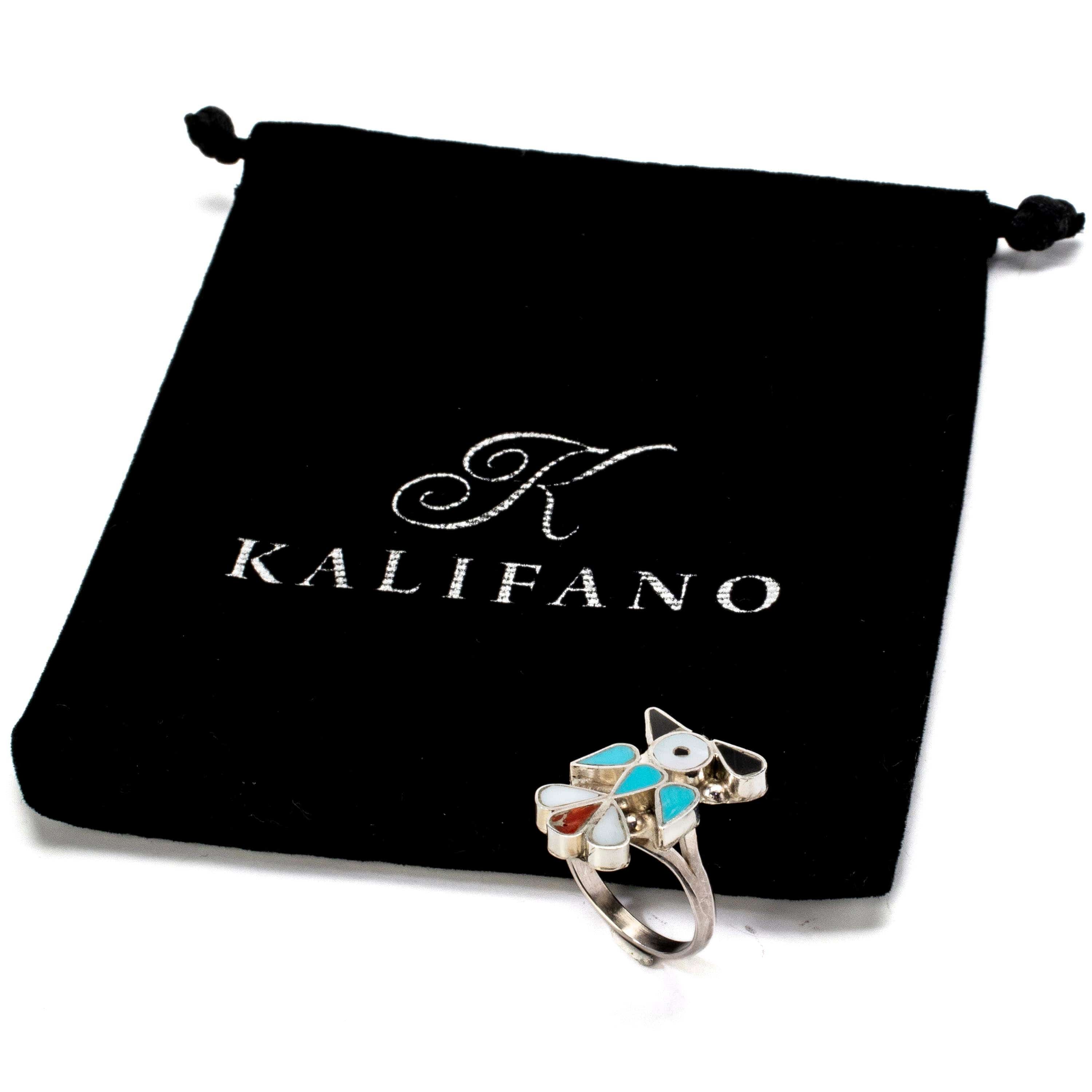 Kalifano Native American Jewelry 8 Pino Yunie Zuni Peyote Bird with Mother of Pearl, Black Onyx, Turquoise, and Coral USA Native American Made 925 Sterling Silver Ring NAR200.020.8