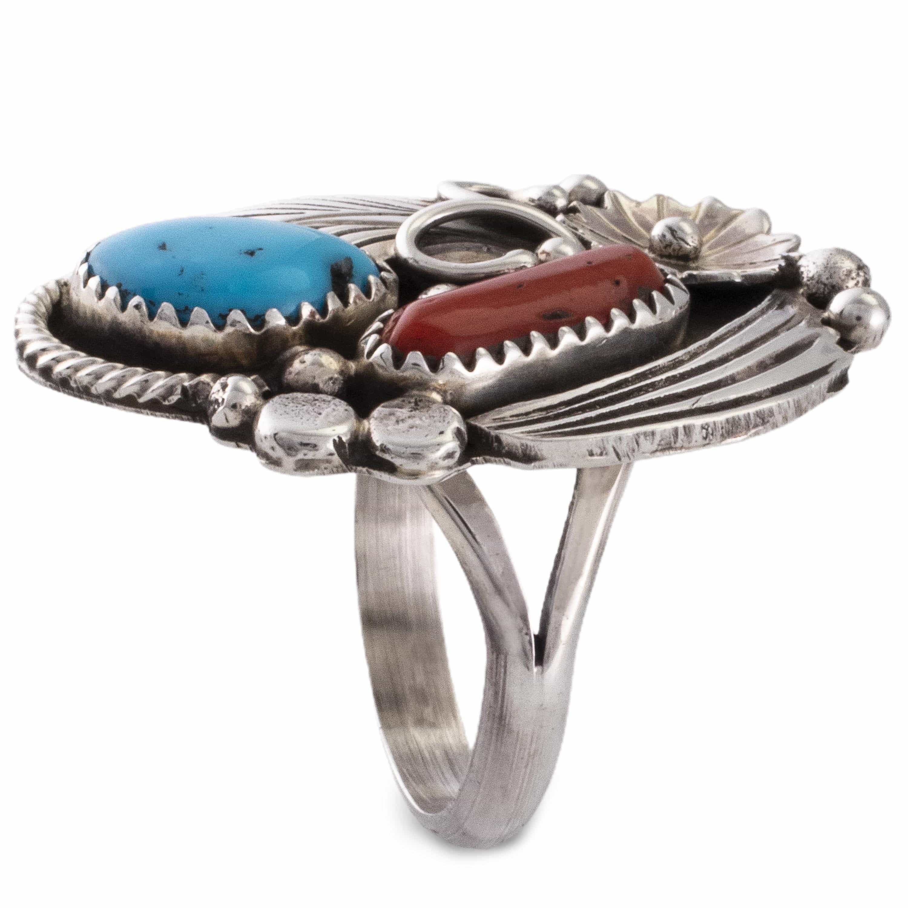 Kalifano Native American Jewelry 8 Sleeping Beauty Turquoise and Coral USA Native American Made 925 Sterling Silver Ring NAR500.066.8