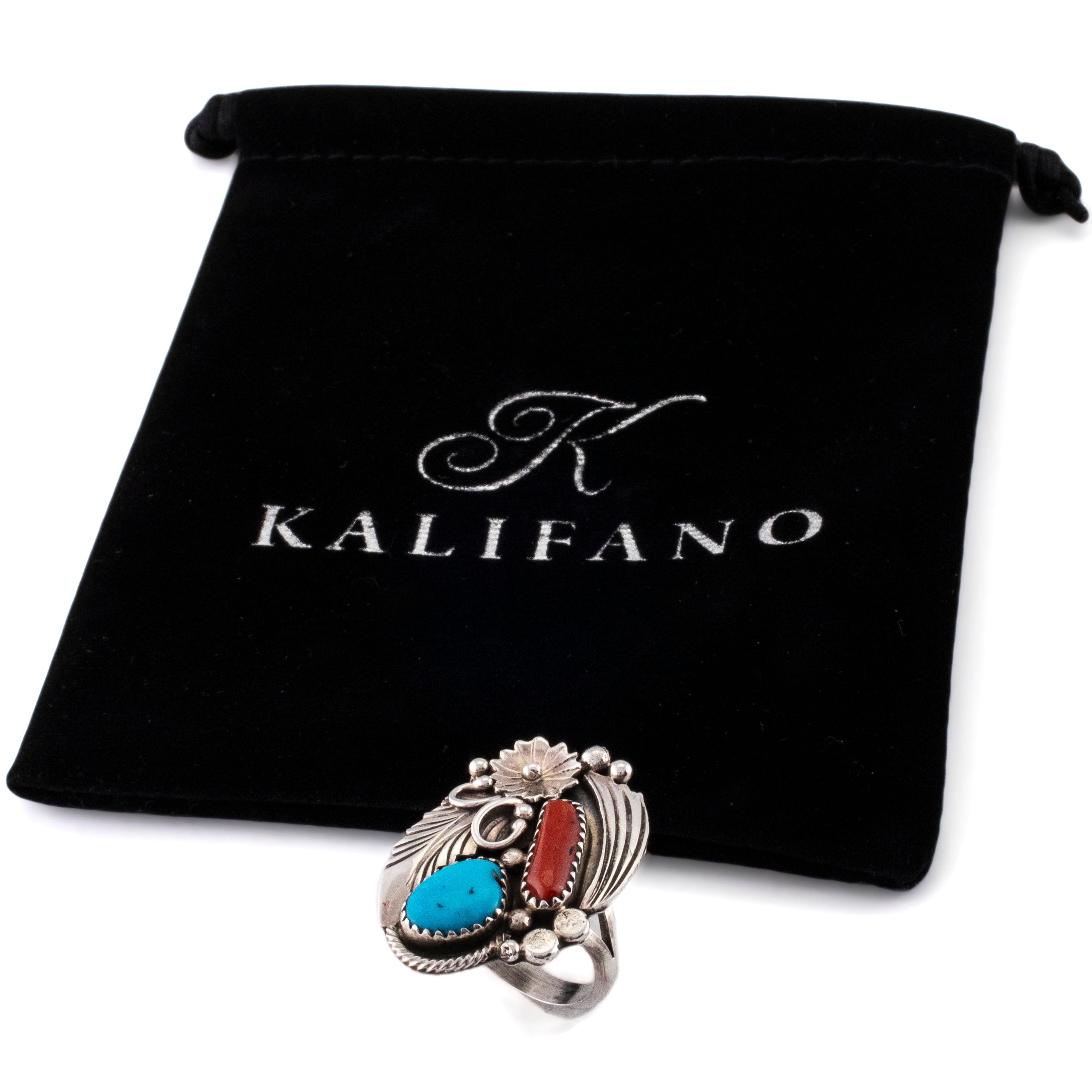 Kalifano Native American Jewelry 8 Sleeping Beauty Turquoise and Coral USA Native American Made 925 Sterling Silver Ring NAR500.066.8