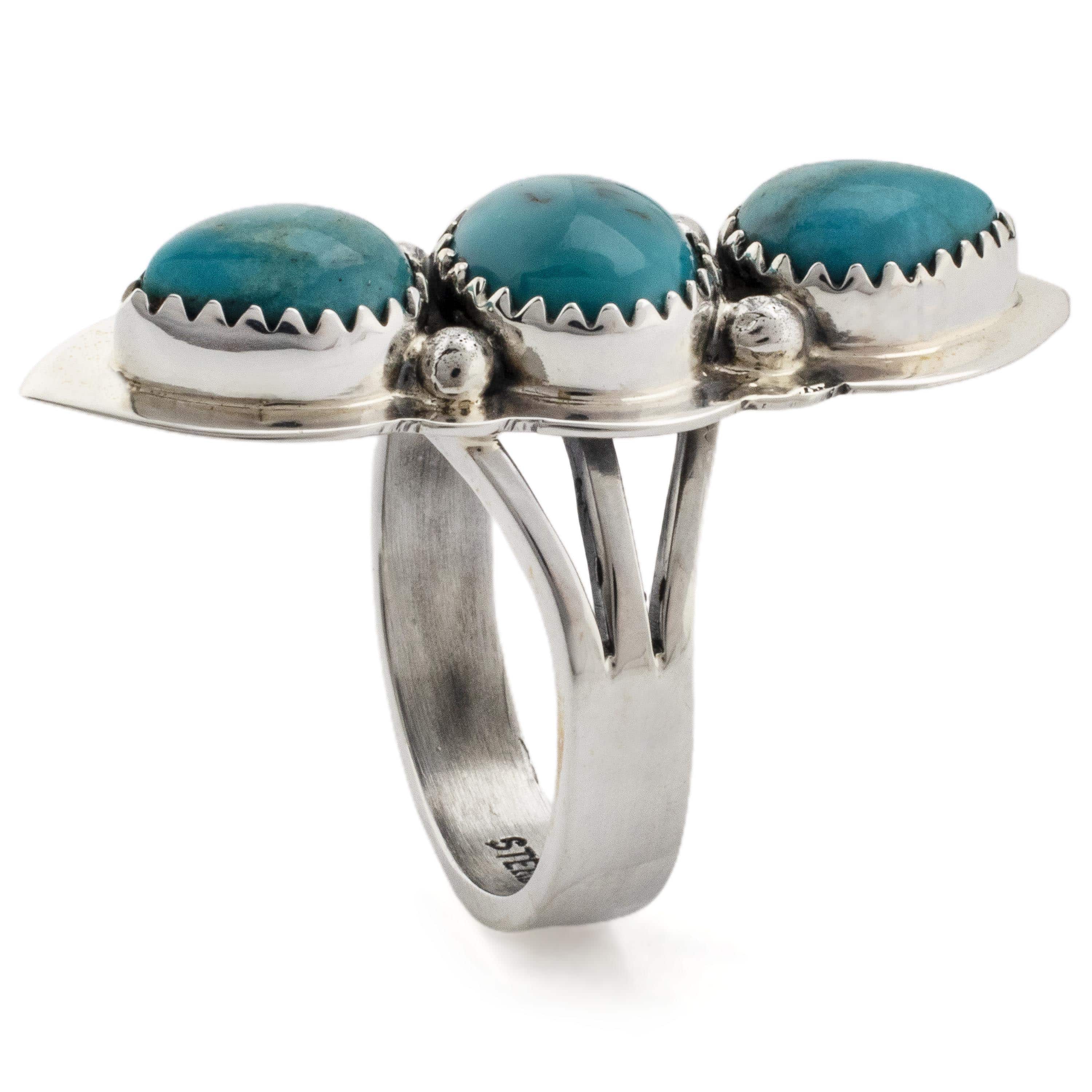 Kalifano Native American Jewelry 8 Triple Stone King Manassa Turquoise USA Handmade 925 Sterling Silver Ring NAR350.012.8