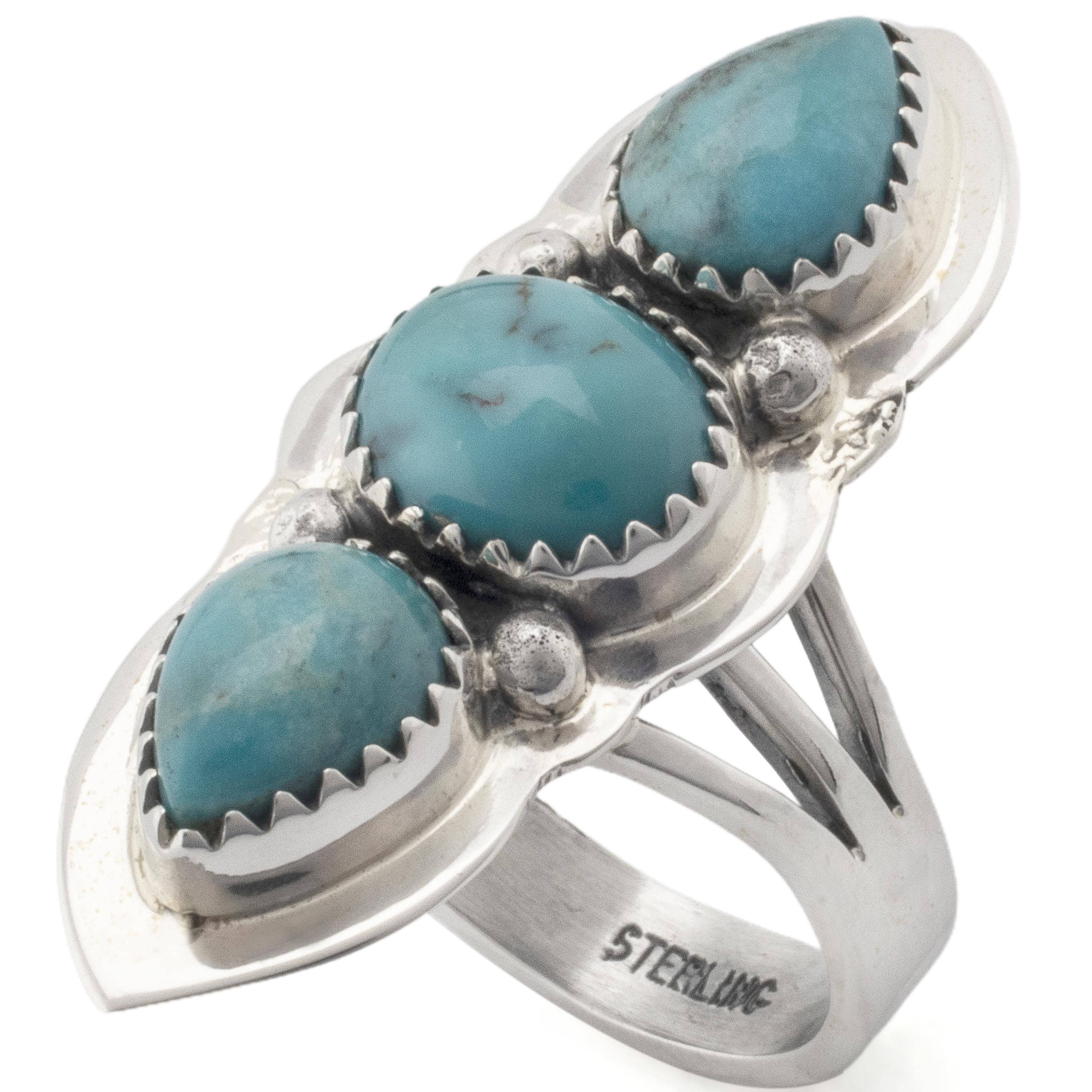 Kalifano Native American Jewelry 8 Triple Stone King Manassa Turquoise USA Handmade 925 Sterling Silver Ring NAR350.012.8