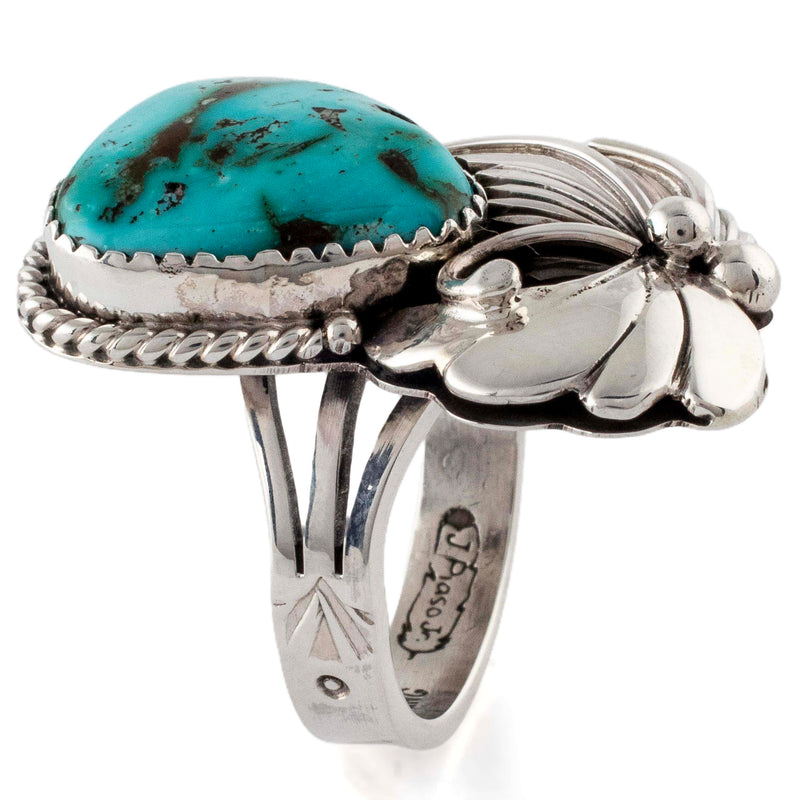 Joe Piaso Jr. Navajo King Manassa Turquoise with Leaf USA Native American  Made 925 Sterling Silver Ring