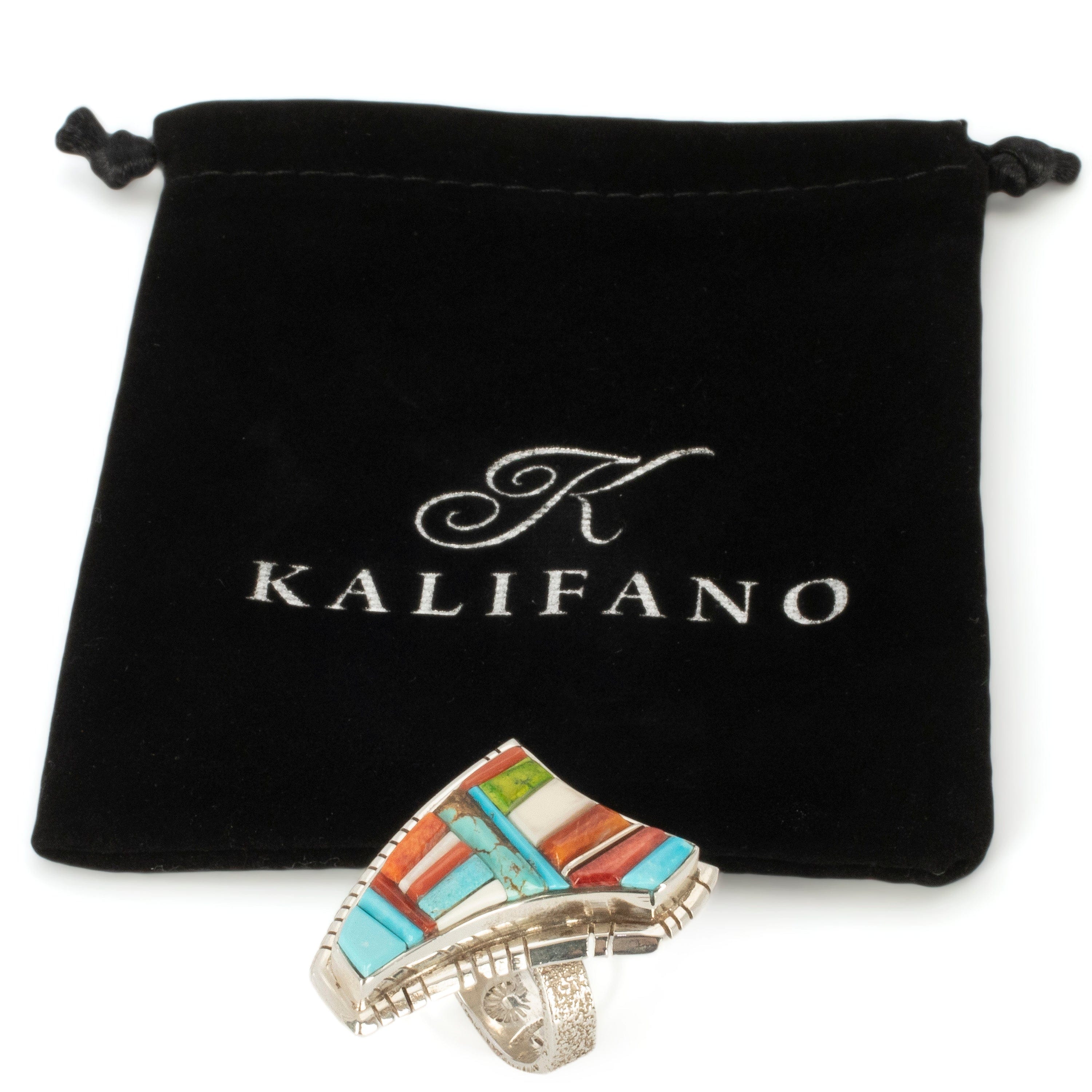 Kalifano Native American Jewelry 9 David Tune Navajo Sleeping Beauty Turquoise, Coral, Spiny Oyster Shell, and Gaspite USA Native American Made 925 Sterling Silver Ring NAR1800.017.9