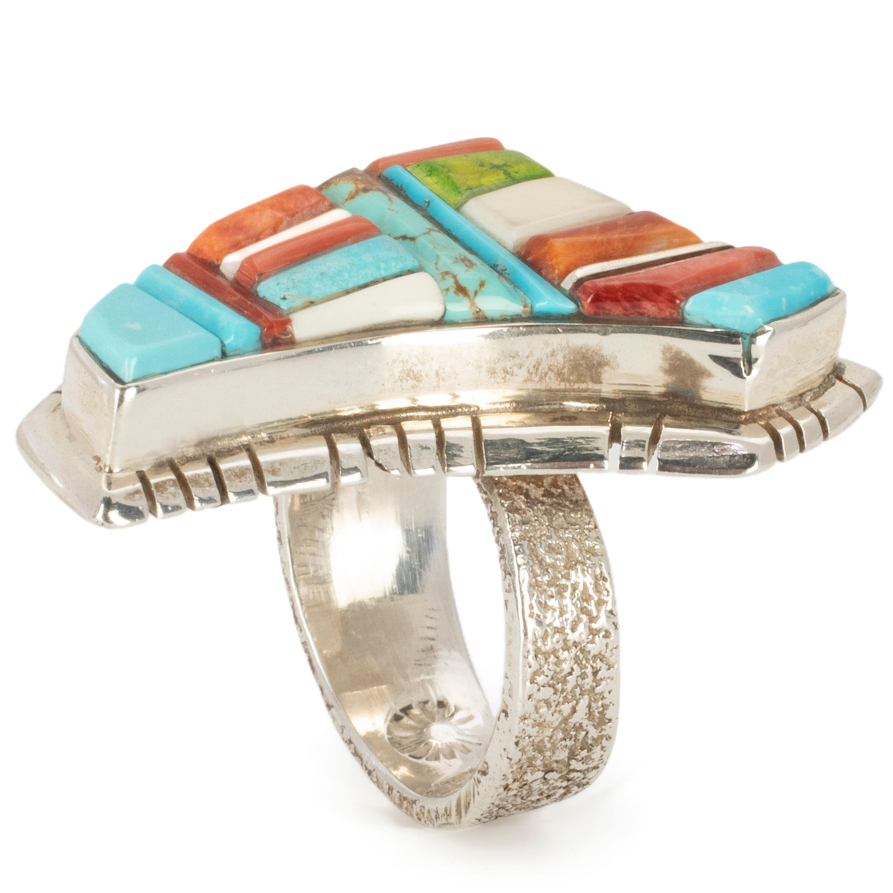 Kalifano Native American Jewelry 9 David Tune Navajo Sleeping Beauty Turquoise, Coral, Spiny Oyster Shell, and Gaspite USA Native American Made 925 Sterling Silver Ring NAR1800.017.9