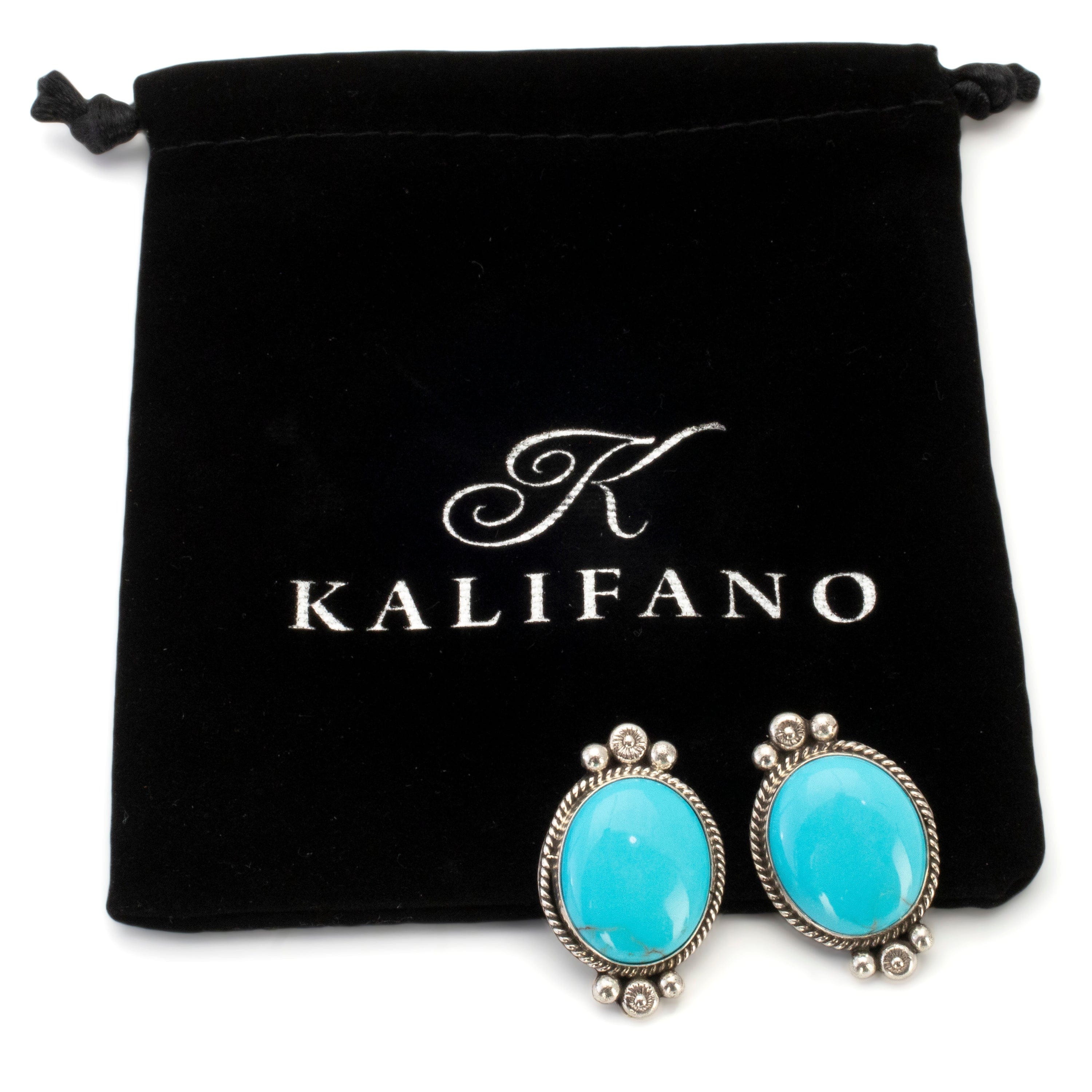 Kalifano Native American Jewelry Abellene Bah Navajo Kingman Turquoise Oval USA Native American Made 925 Sterling Silver Earrings with Stud Backing NAE600.009