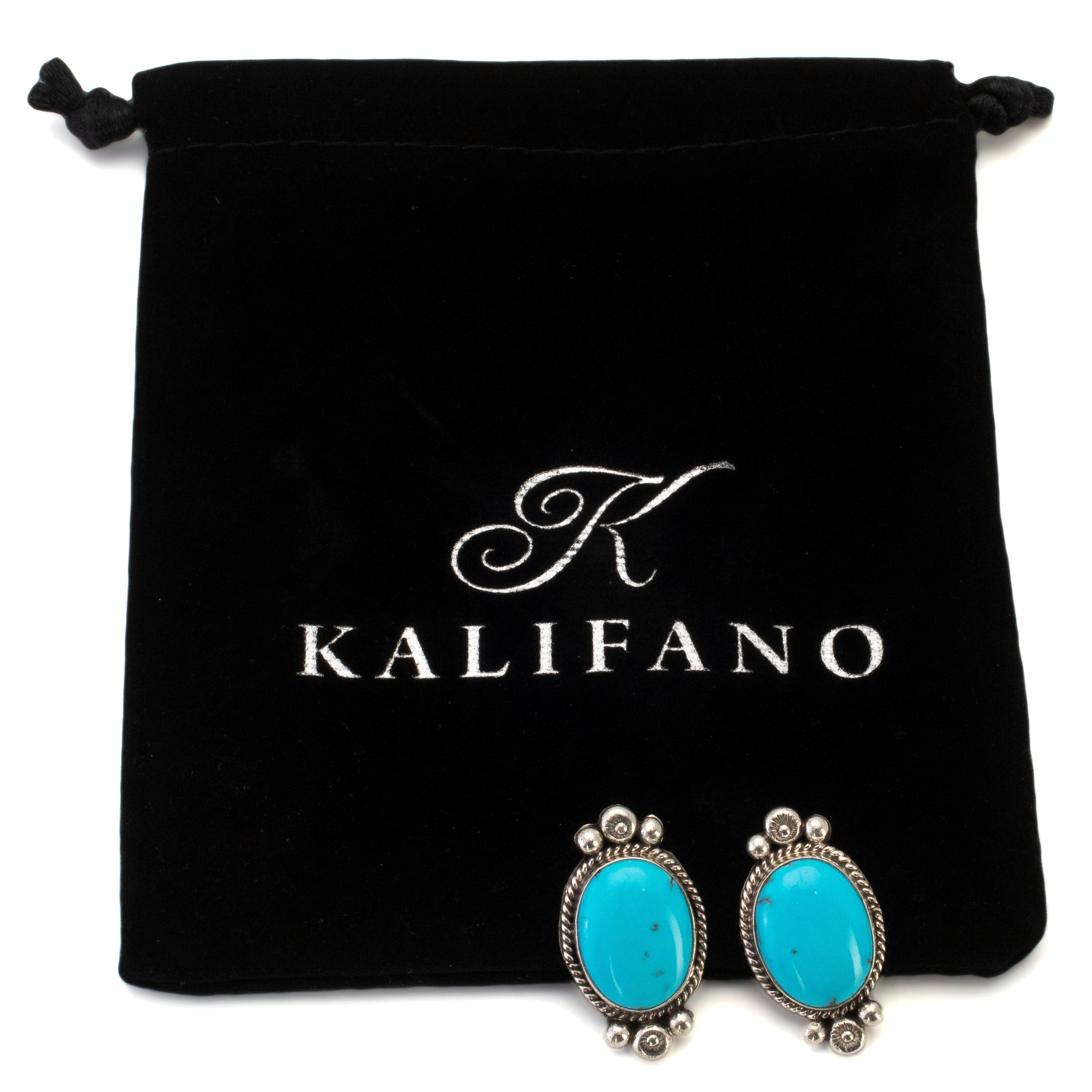 Kalifano Native American Jewelry Abellene Bah Navajo Kingman Turquoise Oval USA Native American Made 925 Sterling Silver Earrings with Stud Backing NAE600.010