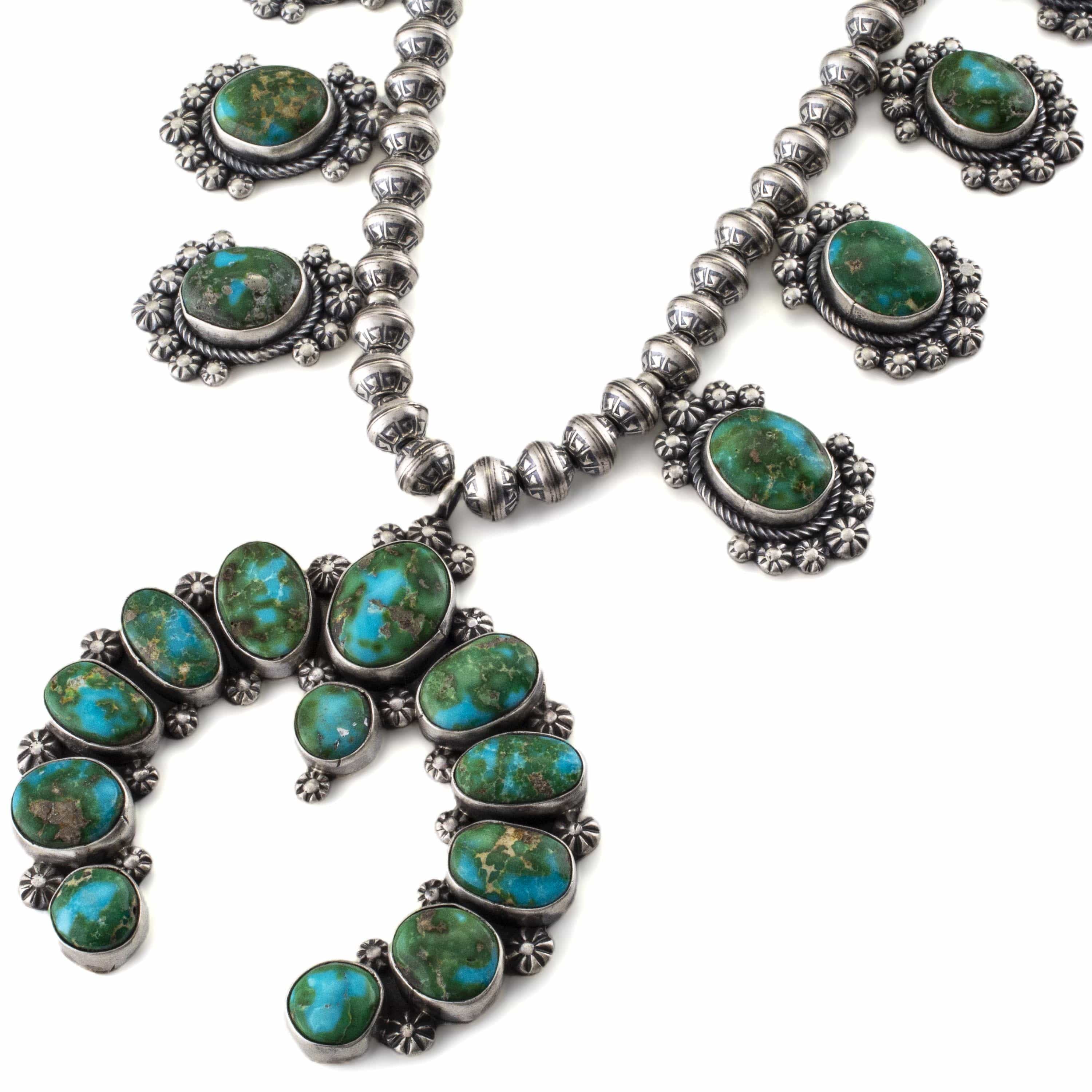 Kalifano Native American Jewelry Bea Tom Sonoran Gold Turquoise Squash Blossom USA Native American Made 925 Sterling Silver Necklace NAN15000.001