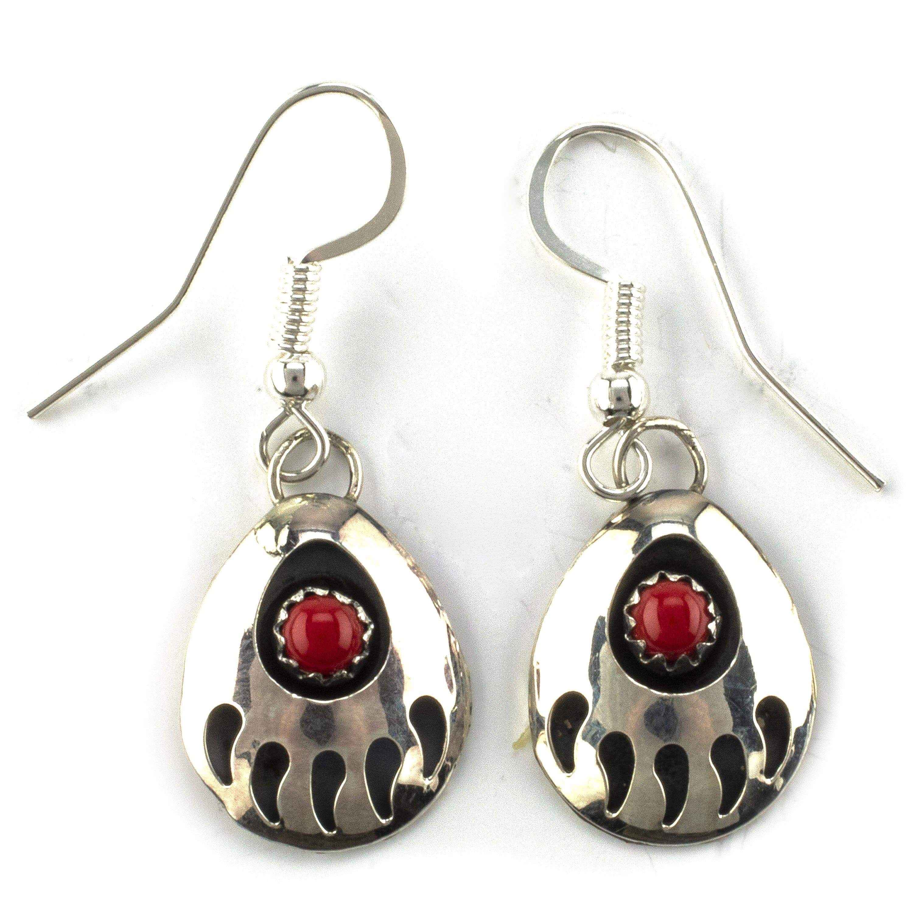 Coral Bear Claw Native American Silver Earrings