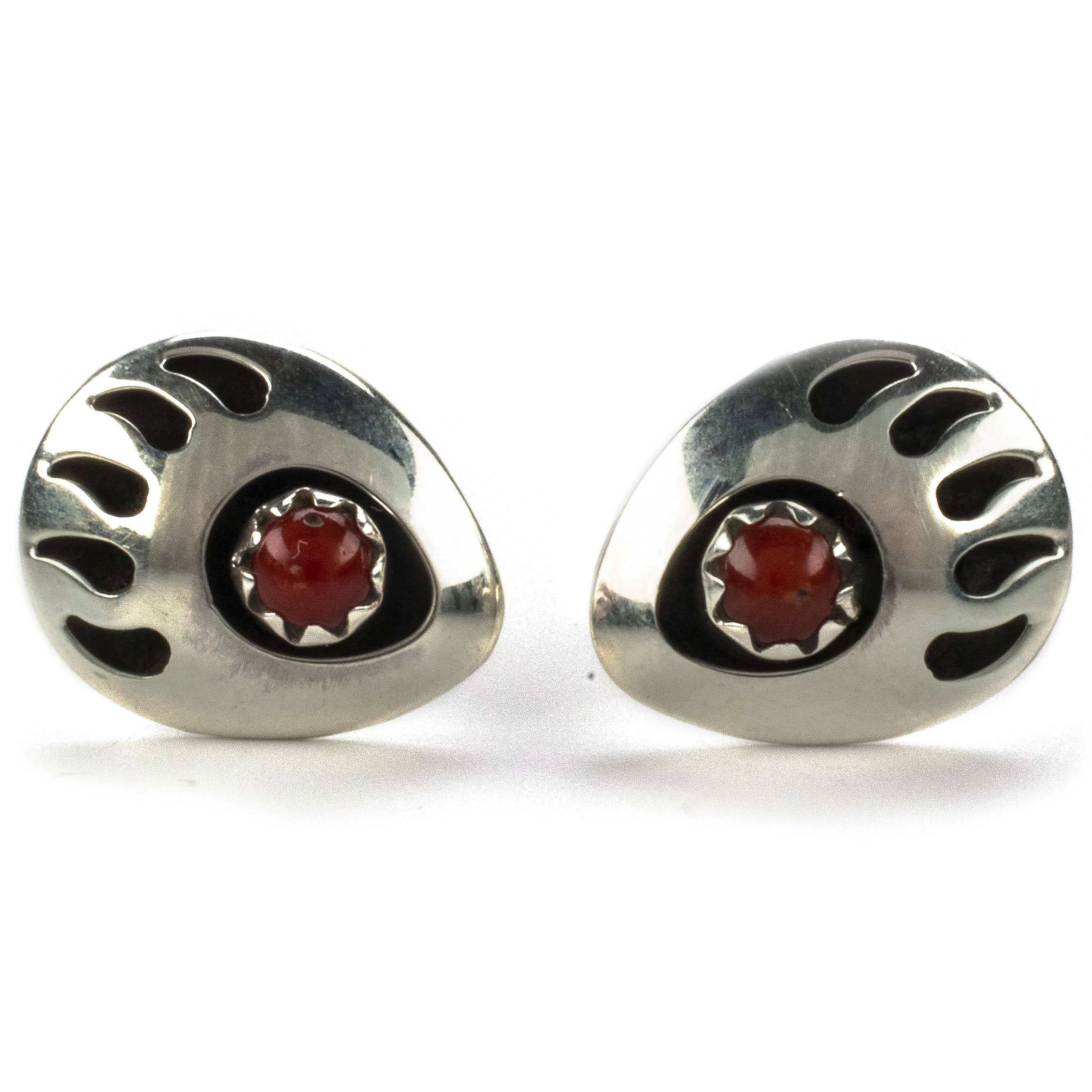 Kalifano Native American Jewelry Bear Claw with Coral Inlay USA Native American Made 925 Sterling  Silver Earrings with Stud Backing NAE60.002