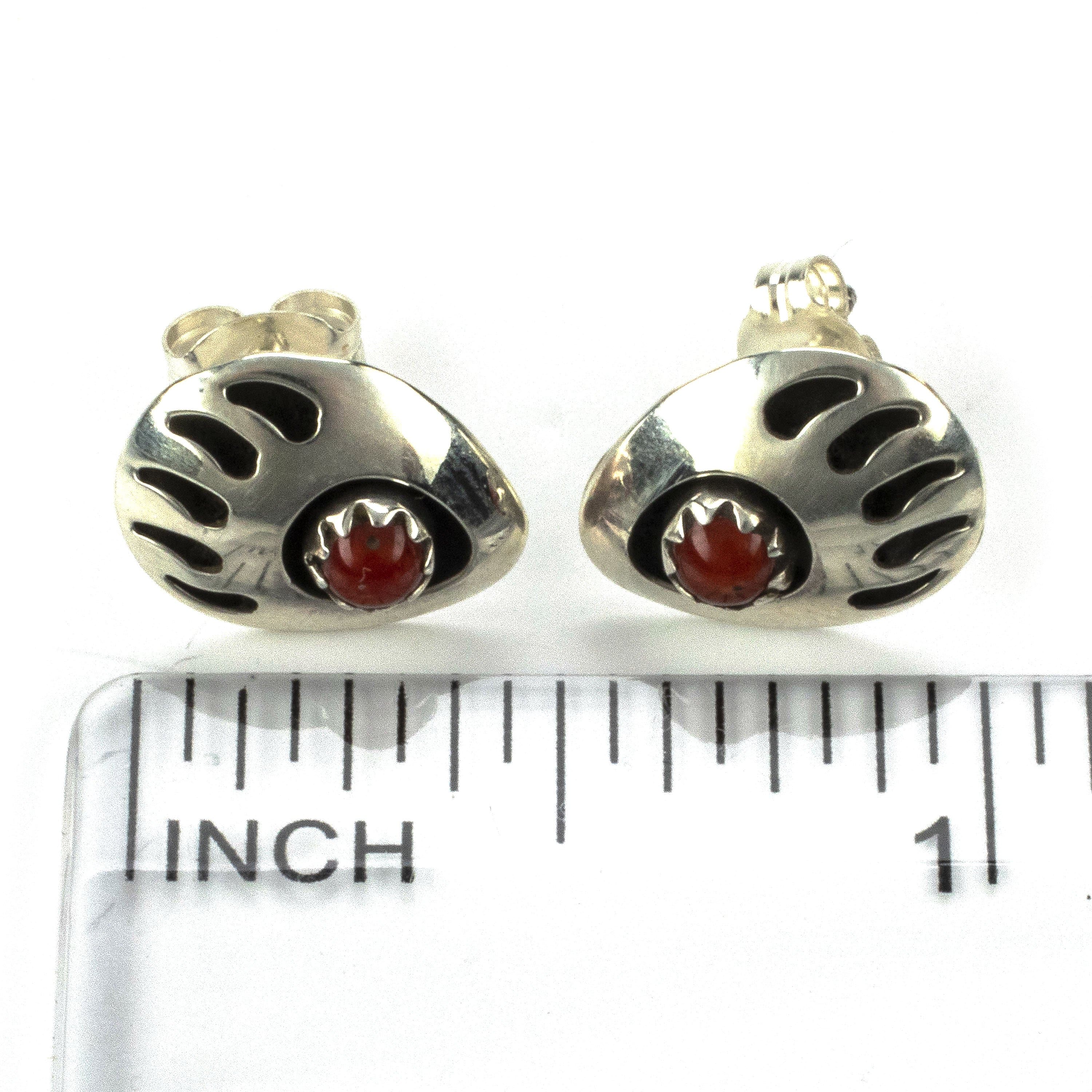 Kalifano Native American Jewelry Bear Claw with Coral Inlay USA Native American Made 925 Sterling  Silver Earrings with Stud Backing NAE60.002