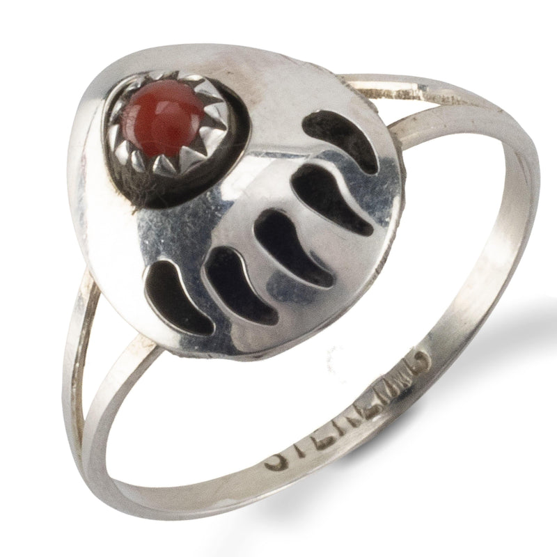Kalifano Native American Jewelry Bear Claw with Coral Inlay USA Native American Made Sterling Silver Ring