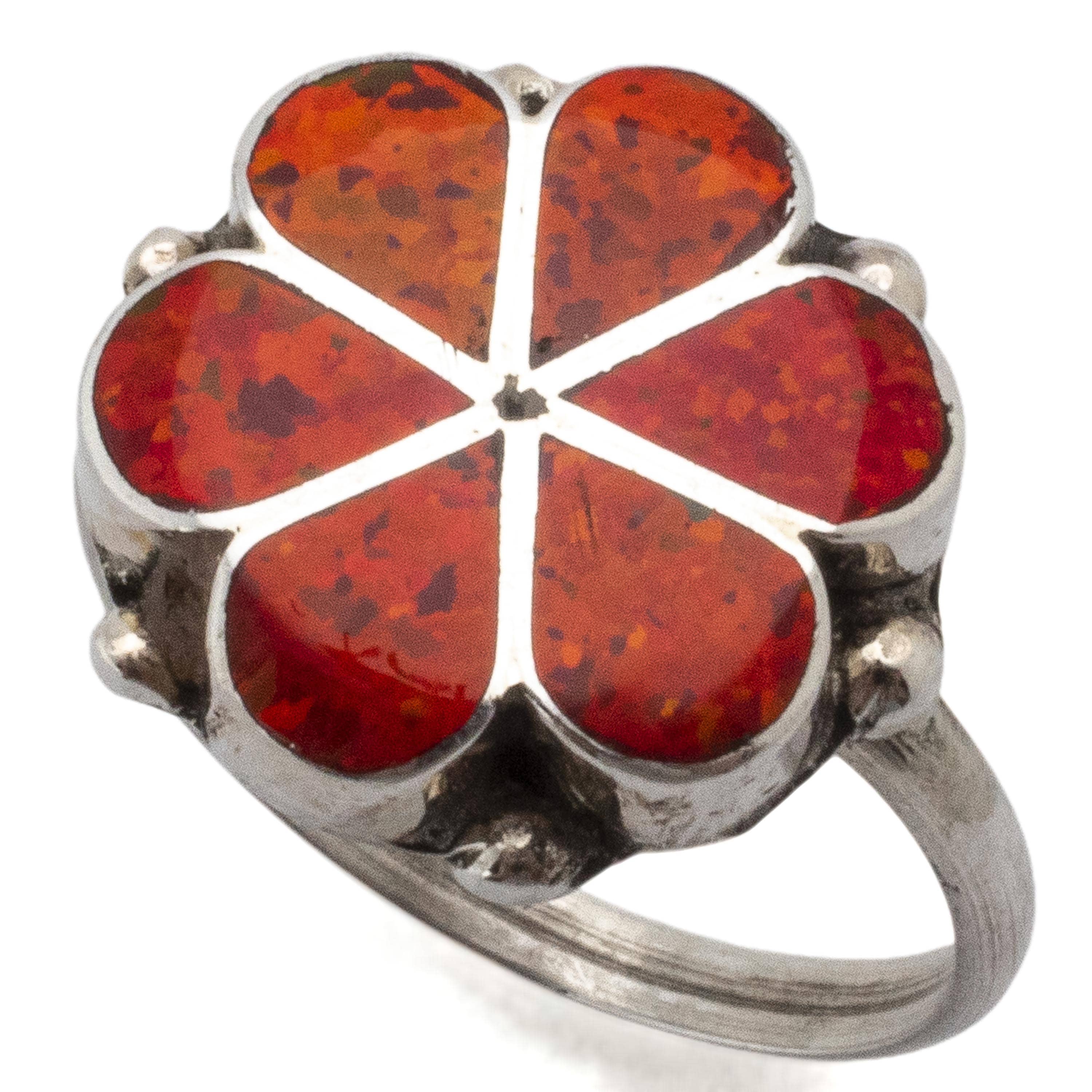 Kalifano Native American Jewelry Bernadette Hattie Zuni Fire Opal Flower Inlay USA Native American Made 925 Sterling Silver Ring