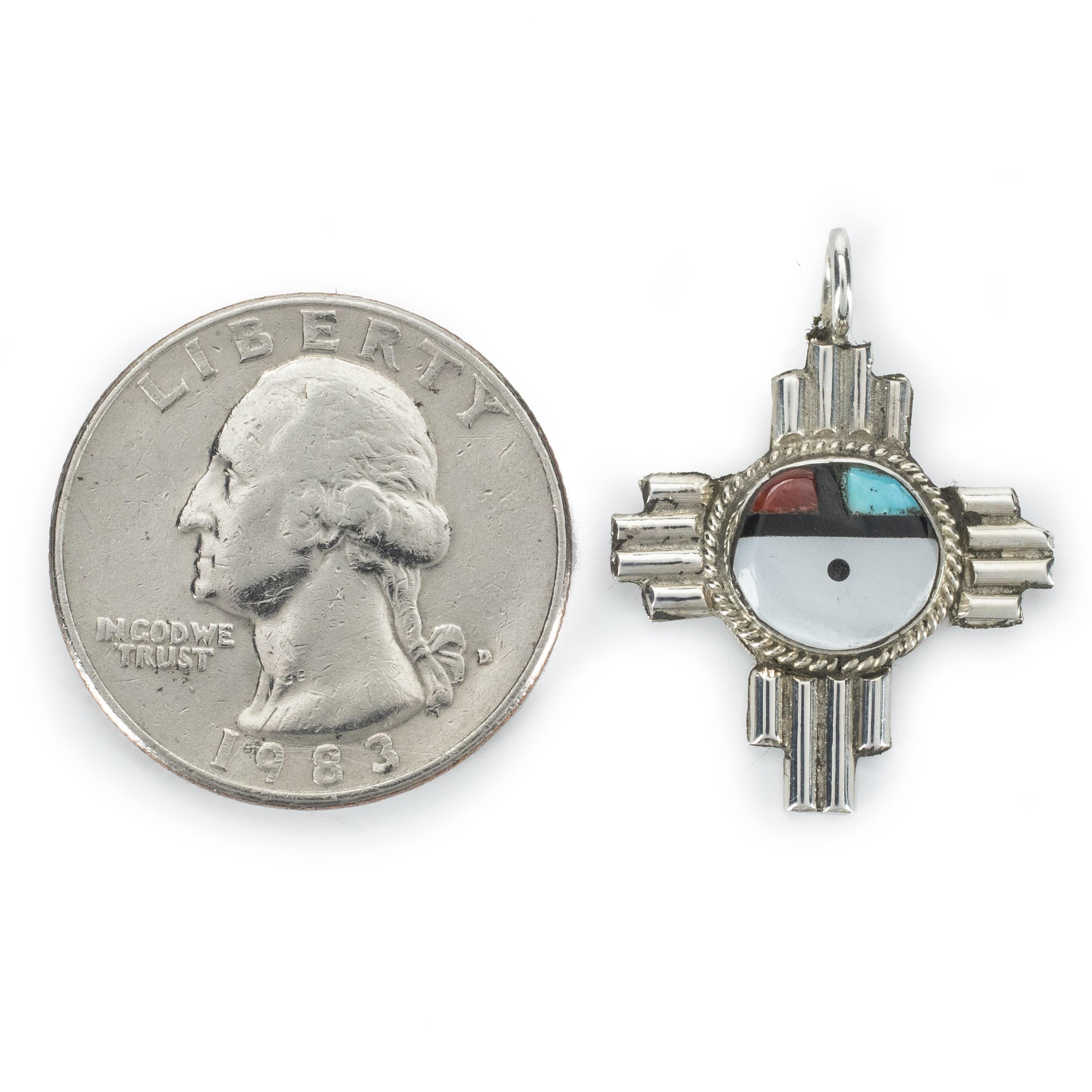 Kalifano Native American Jewelry C. Cheama Mother of Pearl, Turquoise, Jet, Coral Zuni USA Native American Made 925 Sterling Silver Pendant NAN200.002