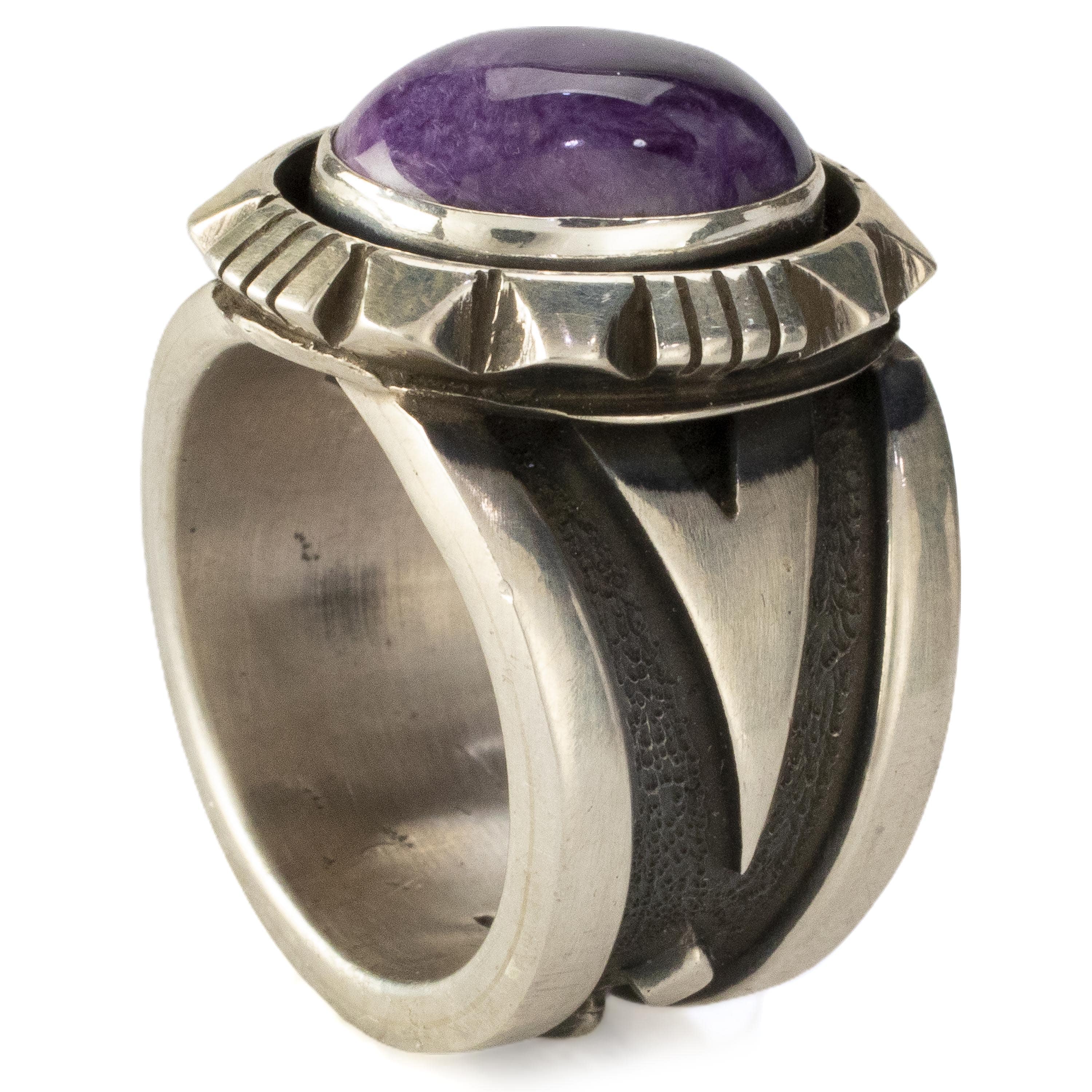 Kalifano Native American Jewelry Cooper Willie Navajo Charoite USA Native American Made 925 Sterling Silver Ring