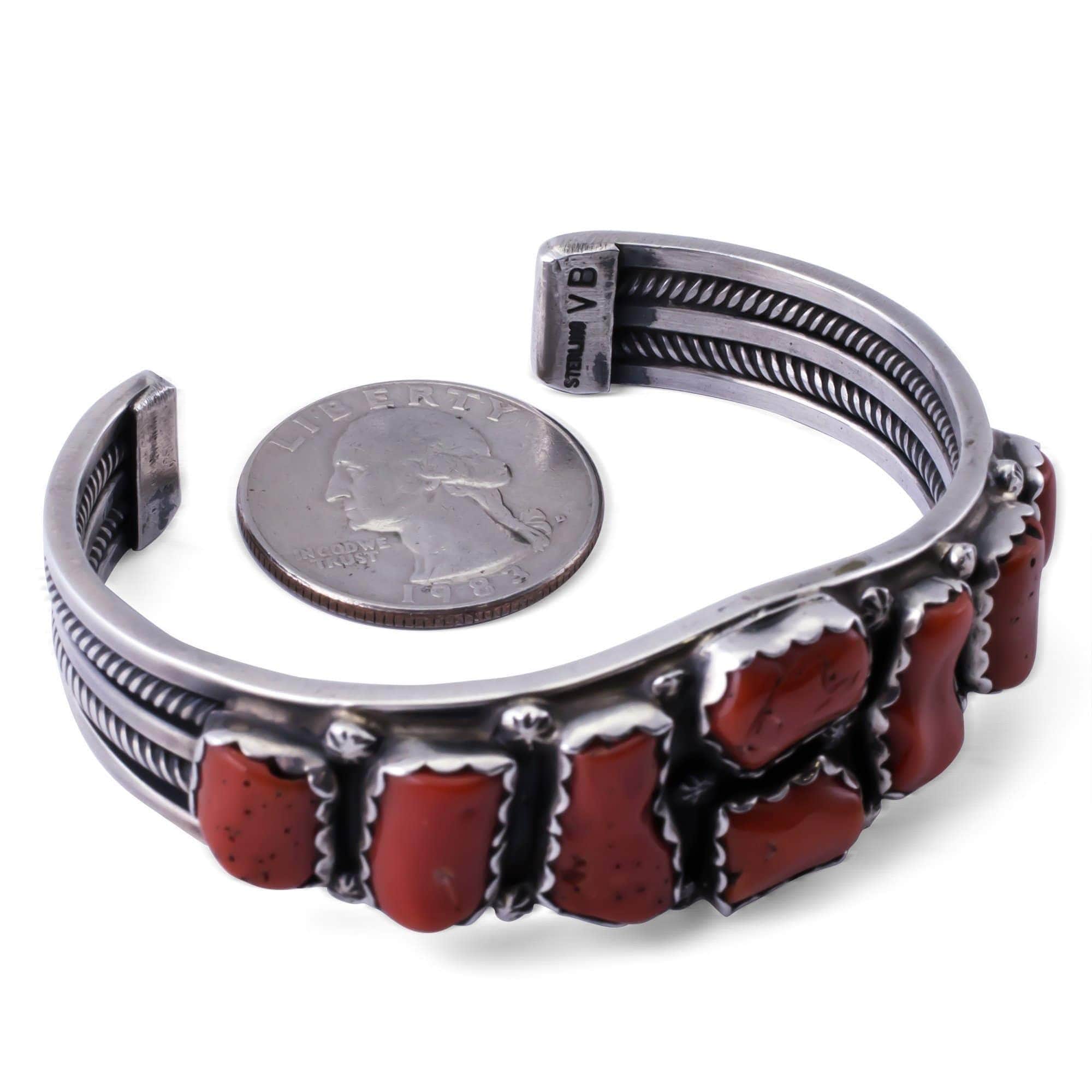 Kalifano Native American Jewelry Coral USA Native American Made 925 Sterling Silver Cuff NAB1650.001