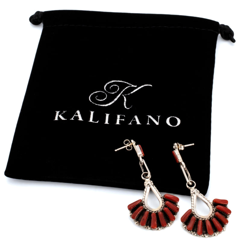 Kalifano Native American Jewelry Coral Zuni Needle Point USA Native American Made 925 Sterling Silver Earrings with Stud Backing NAE700.001
