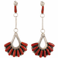 Coral Zuni Needle Point USA Native American Made 925 Sterling Silver Earrings with Stud Backing Main Image