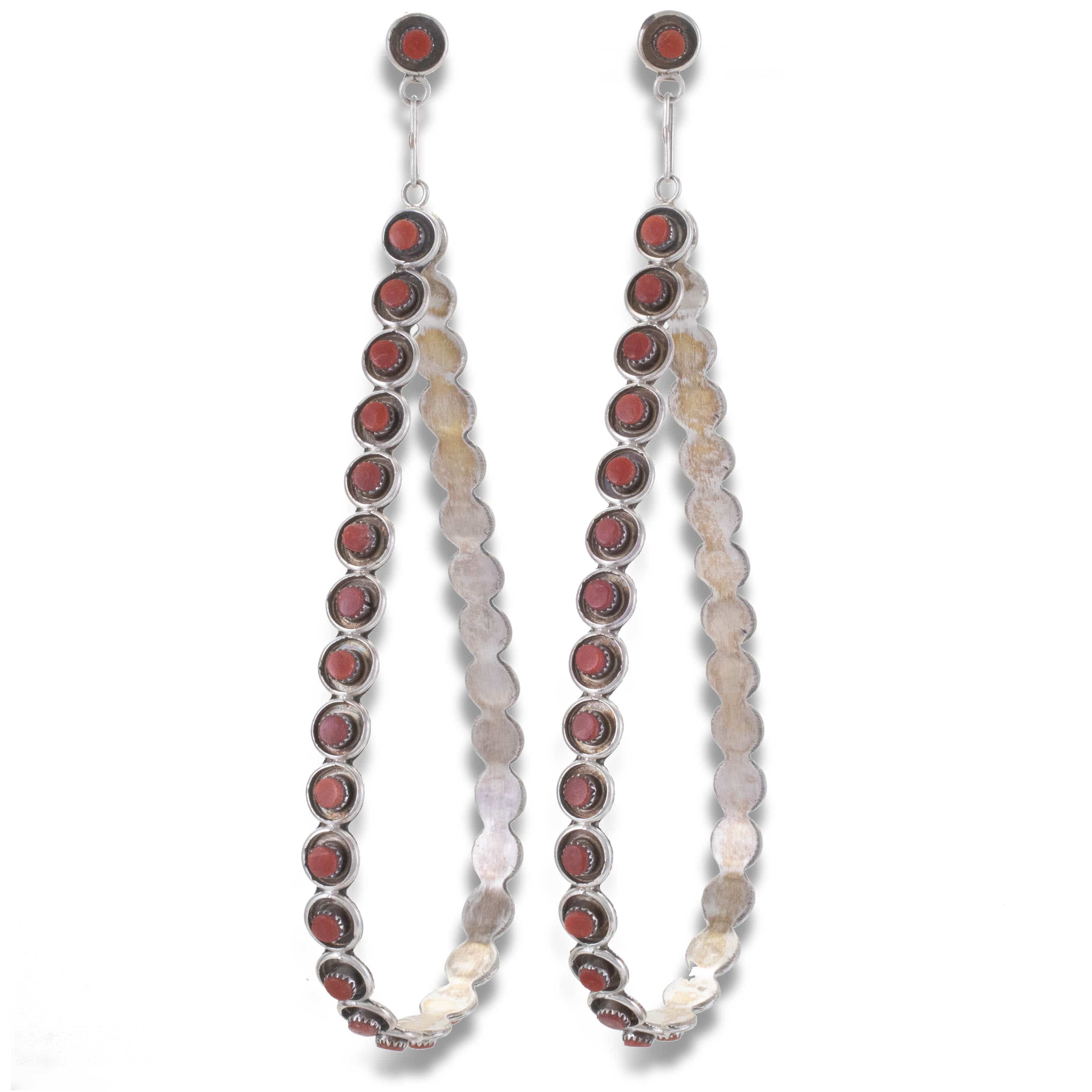 Kalifano Native American Jewelry Coral Zuni Petit Point Teardrop USA Native American Made 925 Sterling Silver Dangly Earrings NAE1500.003