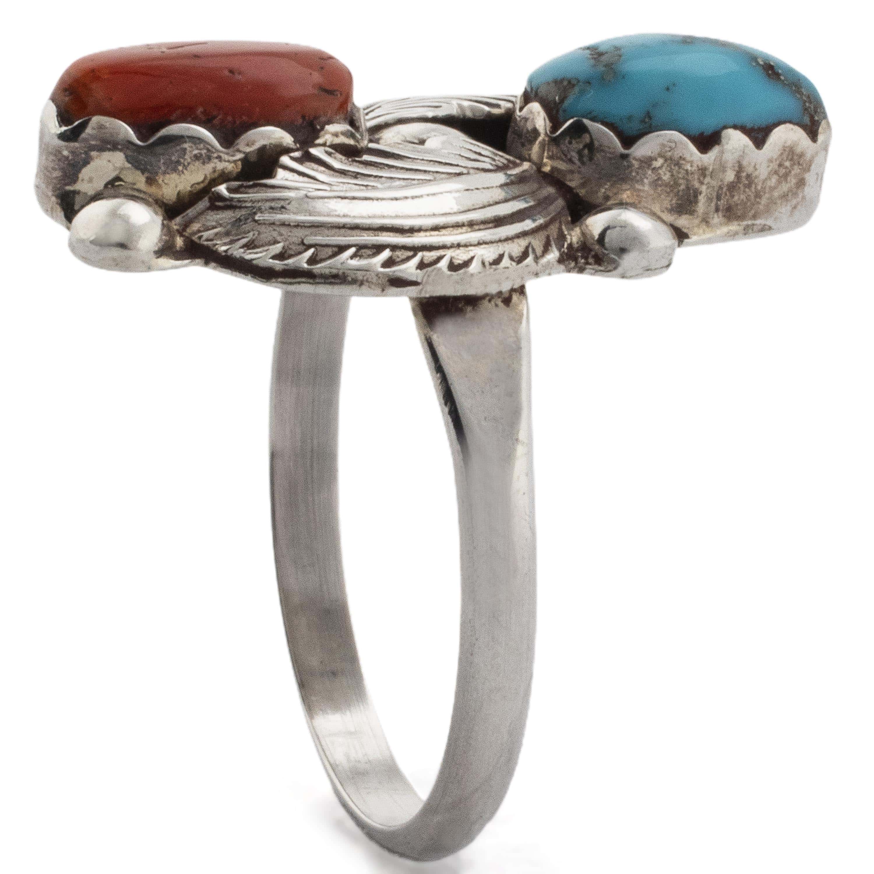 Kalifano Native American Jewelry Dan Simplicio Kingman Turquoise and Coral USA Native American Made 925 Sterling Silver Ring