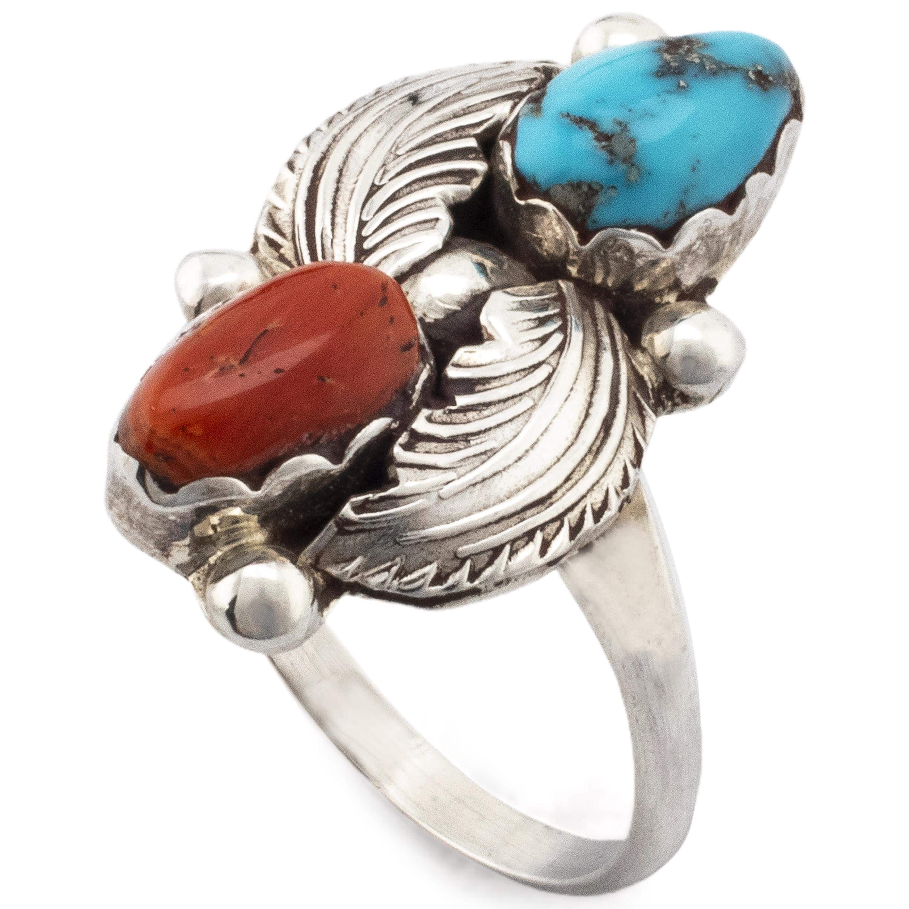 Kalifano Native American Jewelry Dan Simplicio Kingman Turquoise and Coral USA Native American Made 925 Sterling Silver Ring