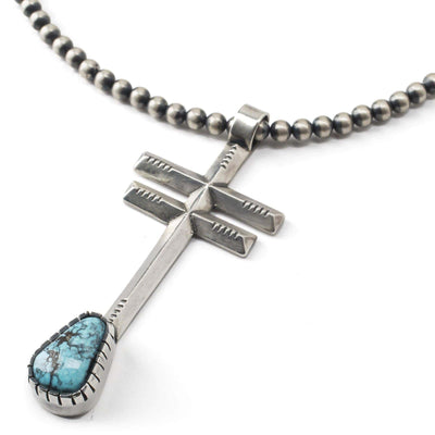Kalifano Native American Jewelry Danny Clark Kingman Turquoise USA Native American Made 925 Sterling Silver Cross Pendant with 36" Navajo Pearls Necklace NAN2400.003