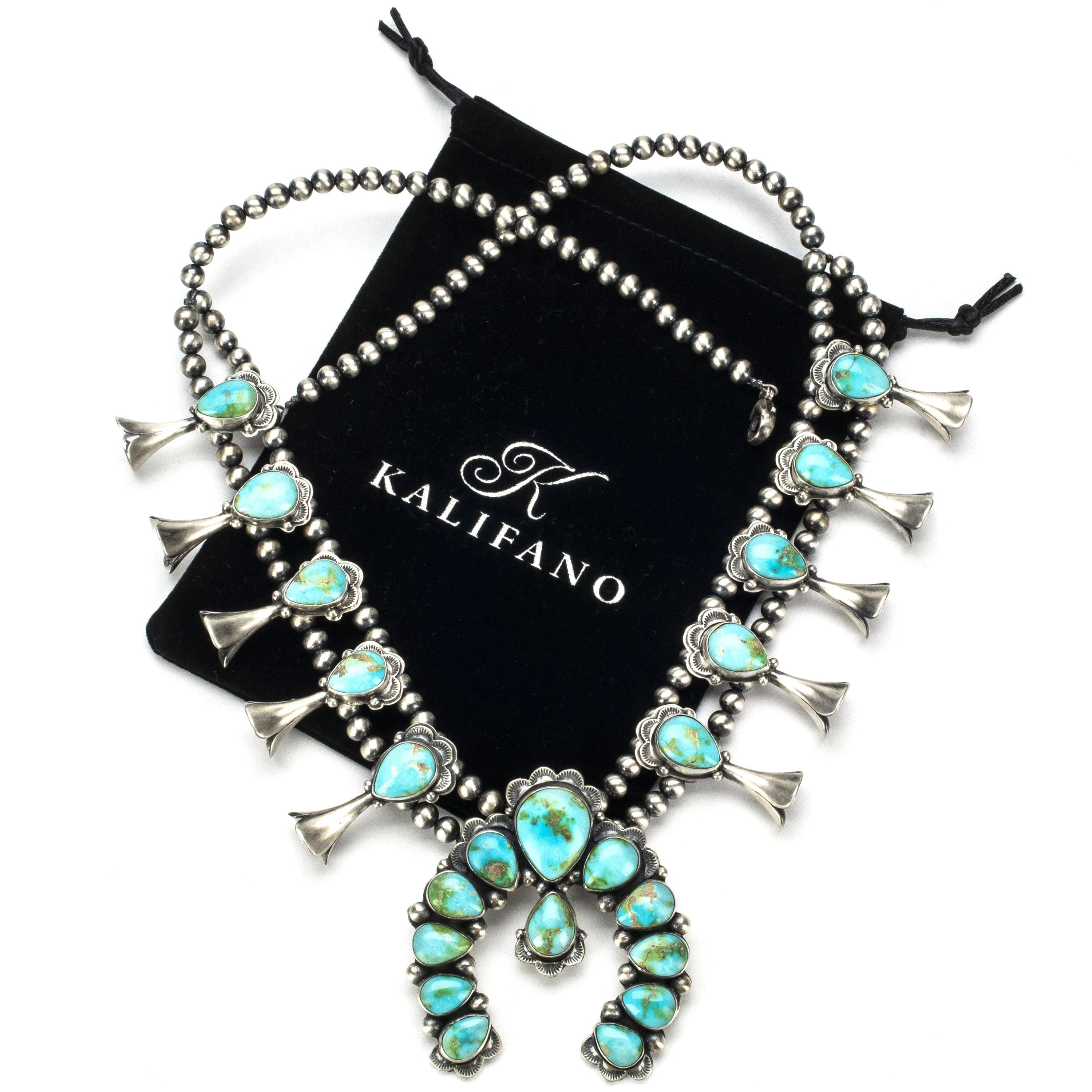 Kalifano Native American Jewelry Danny Clark Sonoran Gold Turquoise Squash Blossom USA Native American Made 925 Sterling Silver Necklace NAN12000.001