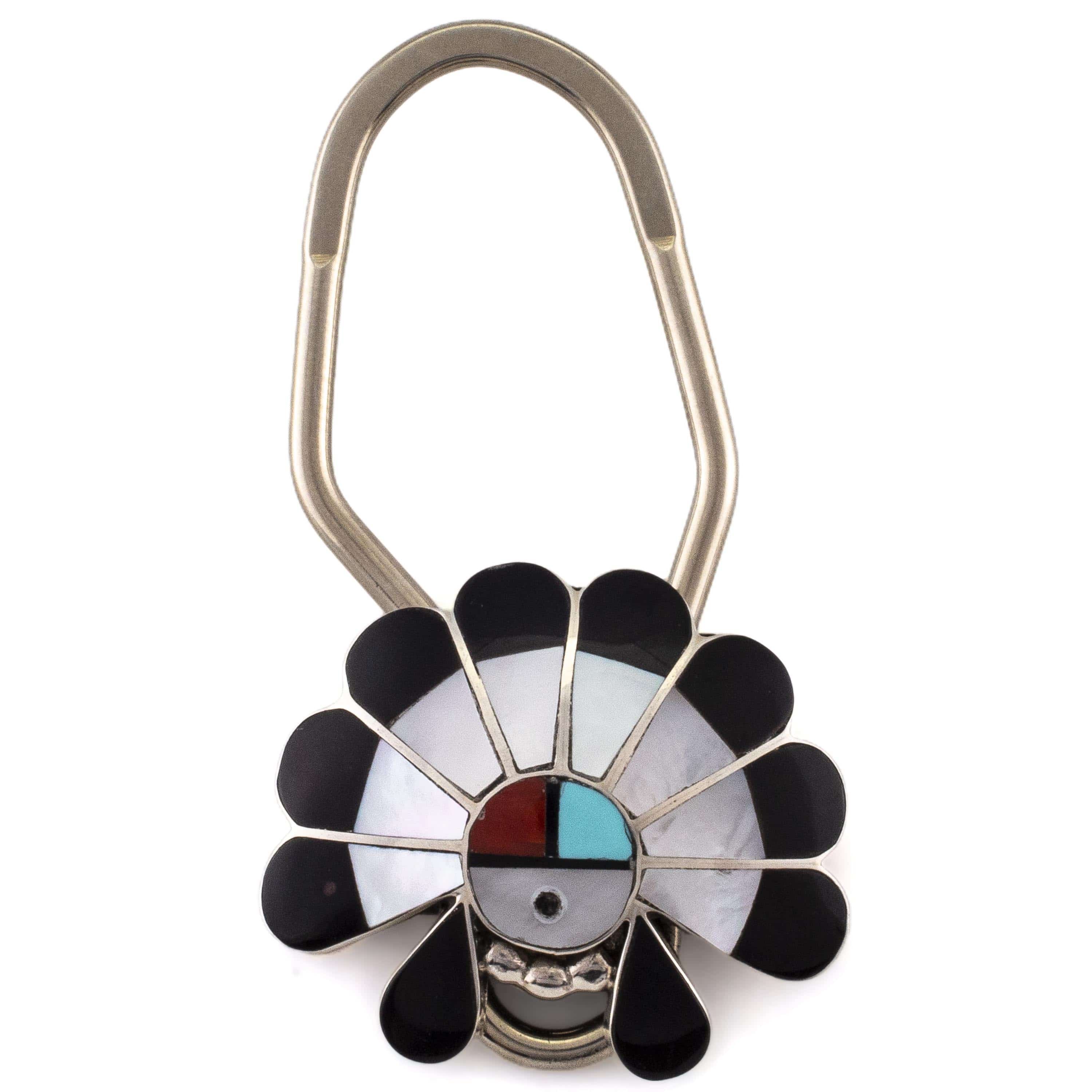 Kalifano Native American Jewelry Denise Siutza Zuni Sunface Mother of Pearl and Black Onyx with Coral and Turquoise Accents USA Native American Made 925 Sterling Silver Keychain NAK200.002