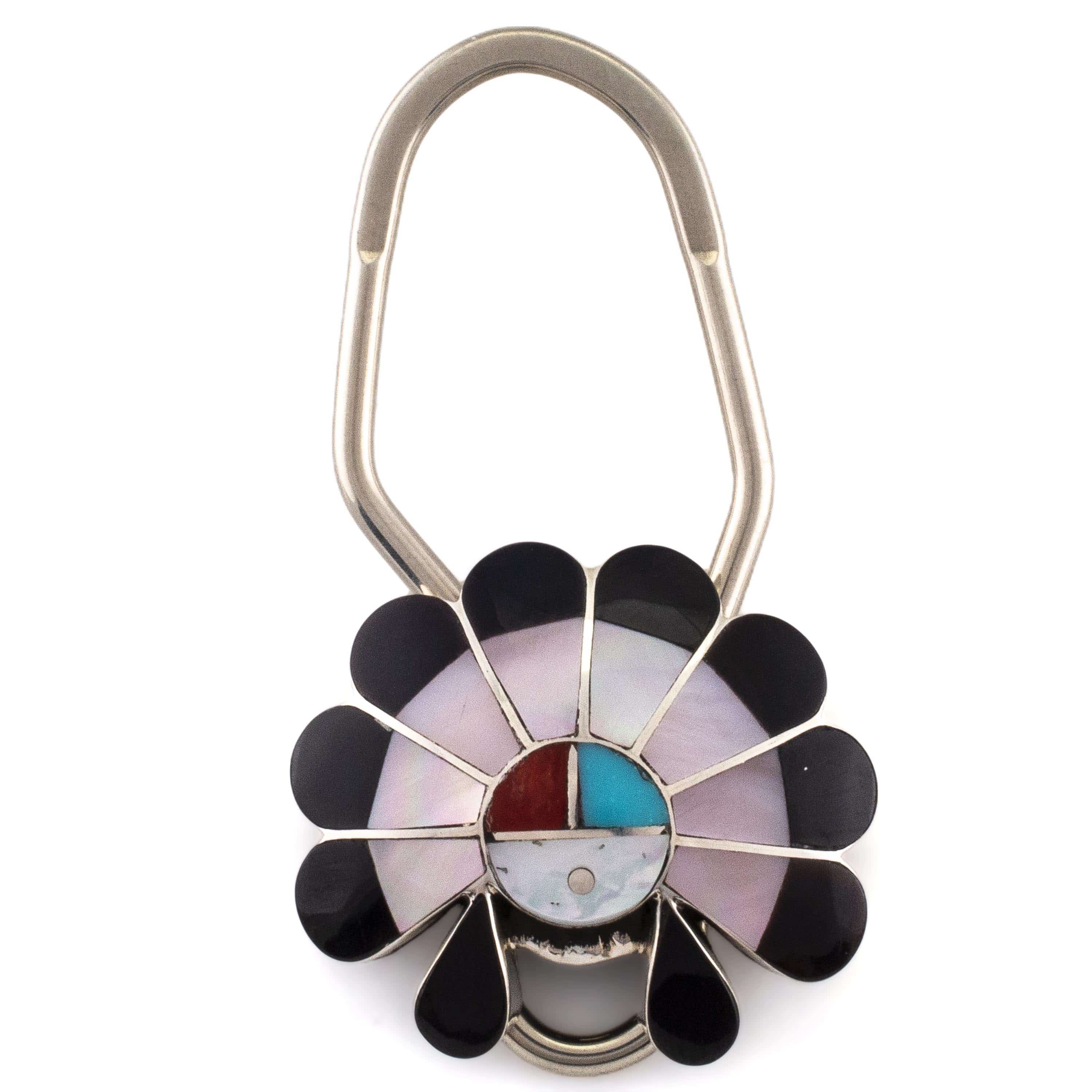 Kalifano Native American Jewelry Denise Siutza Zuni Sunface Pink Mother of Pearl and Black Onyx with Coral, Turquoise, and Mother of Pearl Accents USA Native American Made 925 Sterling Silver Keychain NAK200.001