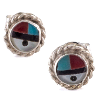 Kalifano Native American Jewelry Devoria Bowekaty Turquoise, Coral, Black Onyx, and Mother of Pearl Round Zuni Sunface USA Native American Made 925 Sterling  Silver Earrings NAE80.008