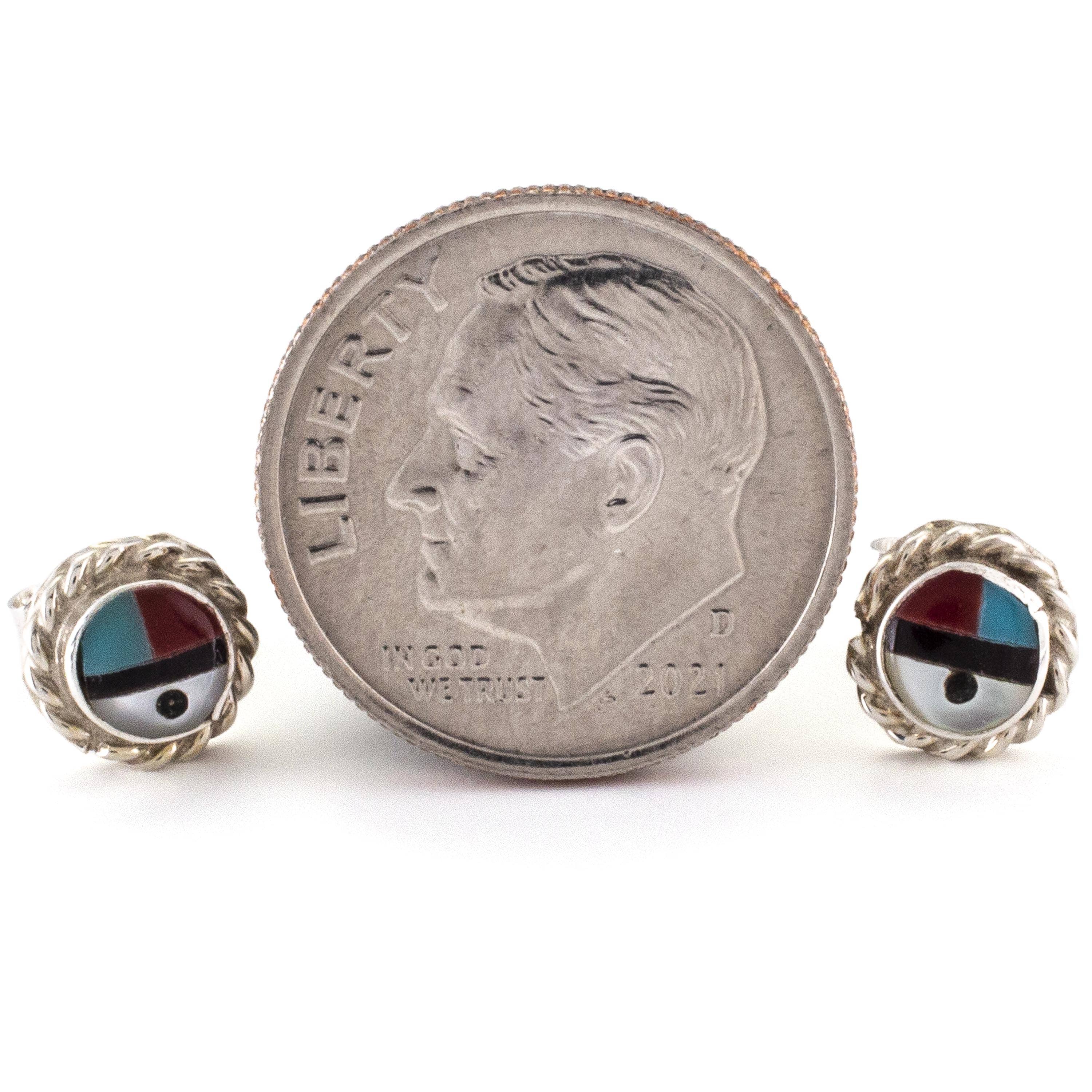 Kalifano Native American Jewelry Devoria Bowekaty Turquoise, Coral, Black Onyx, and Mother of Pearl Round Zuni Sunface USA Native American Made 925 Sterling  Silver Earrings NAE80.008