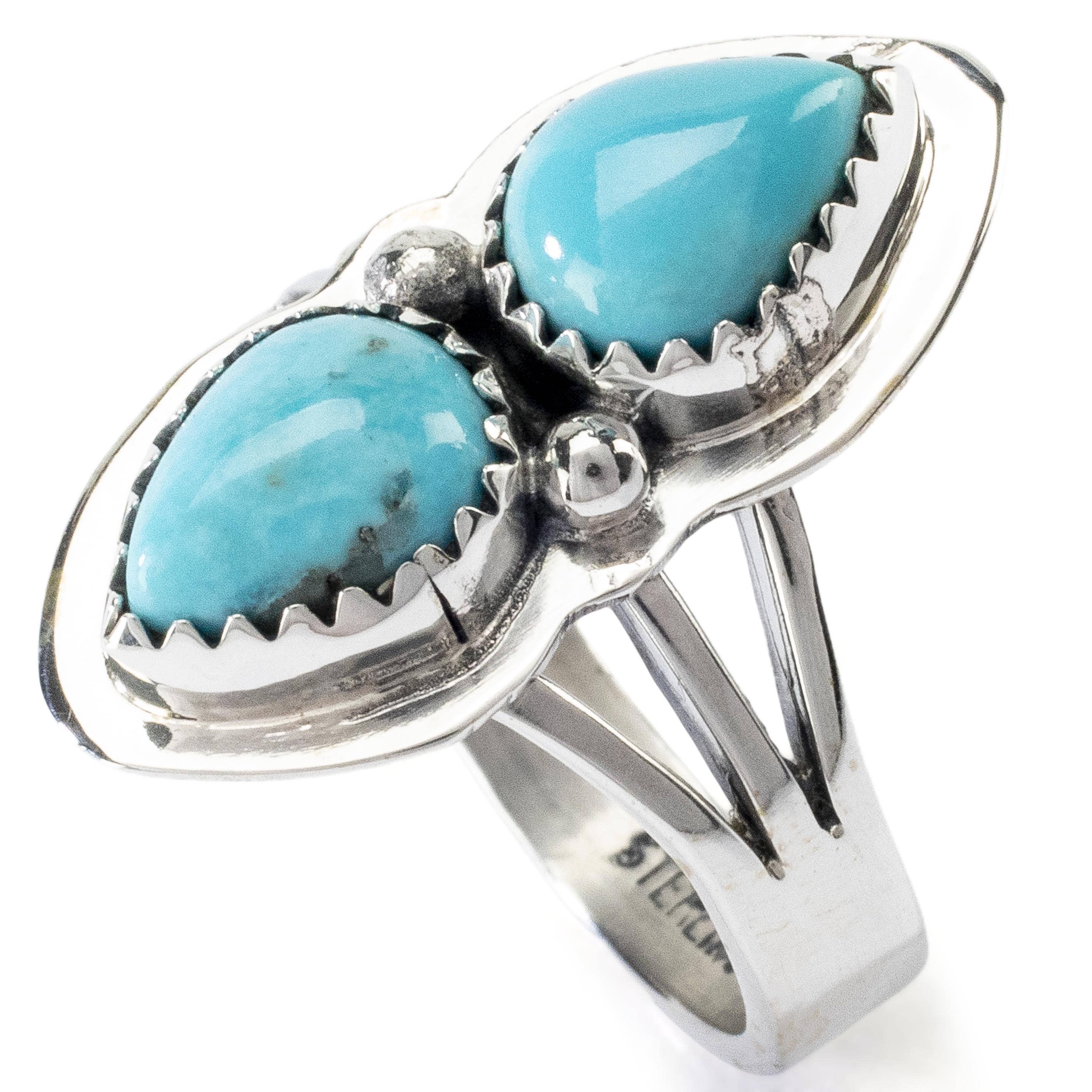 Kalifano Native American Jewelry Double Teardrop King Manassa Turquoise USA Handmade 925 Sterling Silver Ring