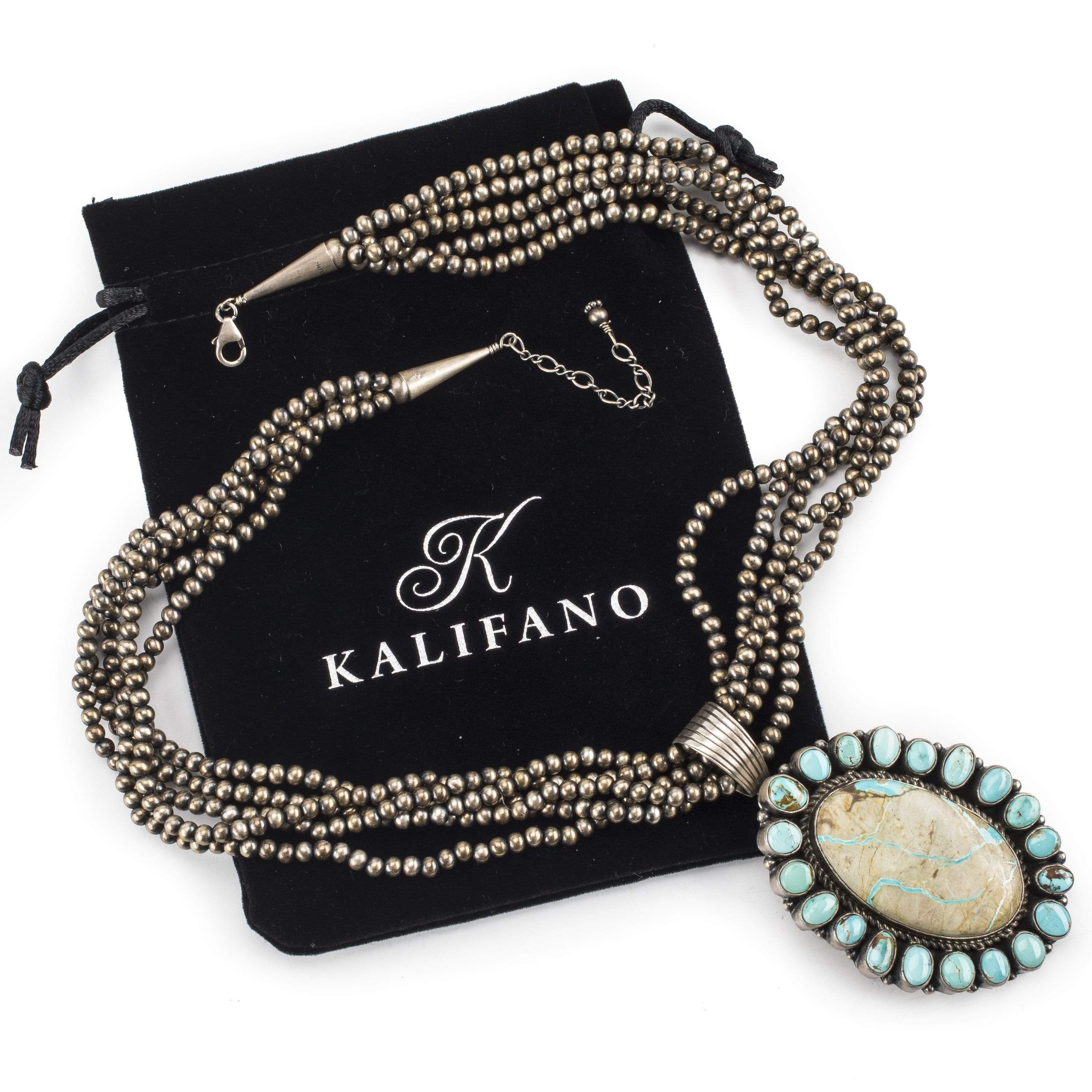 Kalifano Native American Jewelry Dry Creek and Boulder Turquoise Pendant with Navajo Pearl Necklace USA Native American Made 925 Sterling Silver Set NAN3000.004