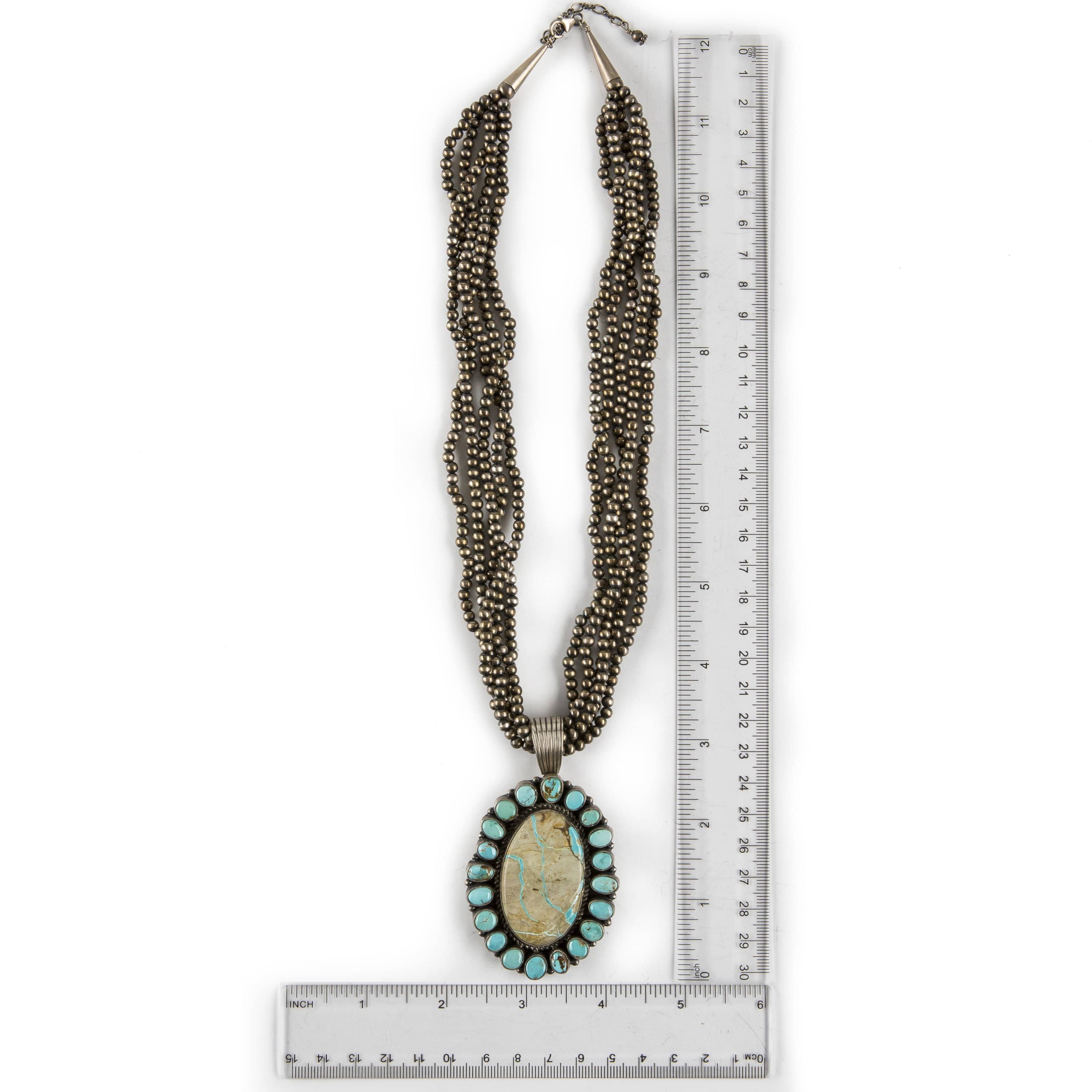 Kalifano Native American Jewelry Dry Creek and Boulder Turquoise Pendant with Navajo Pearl Necklace USA Native American Made 925 Sterling Silver Set NAN3000.004