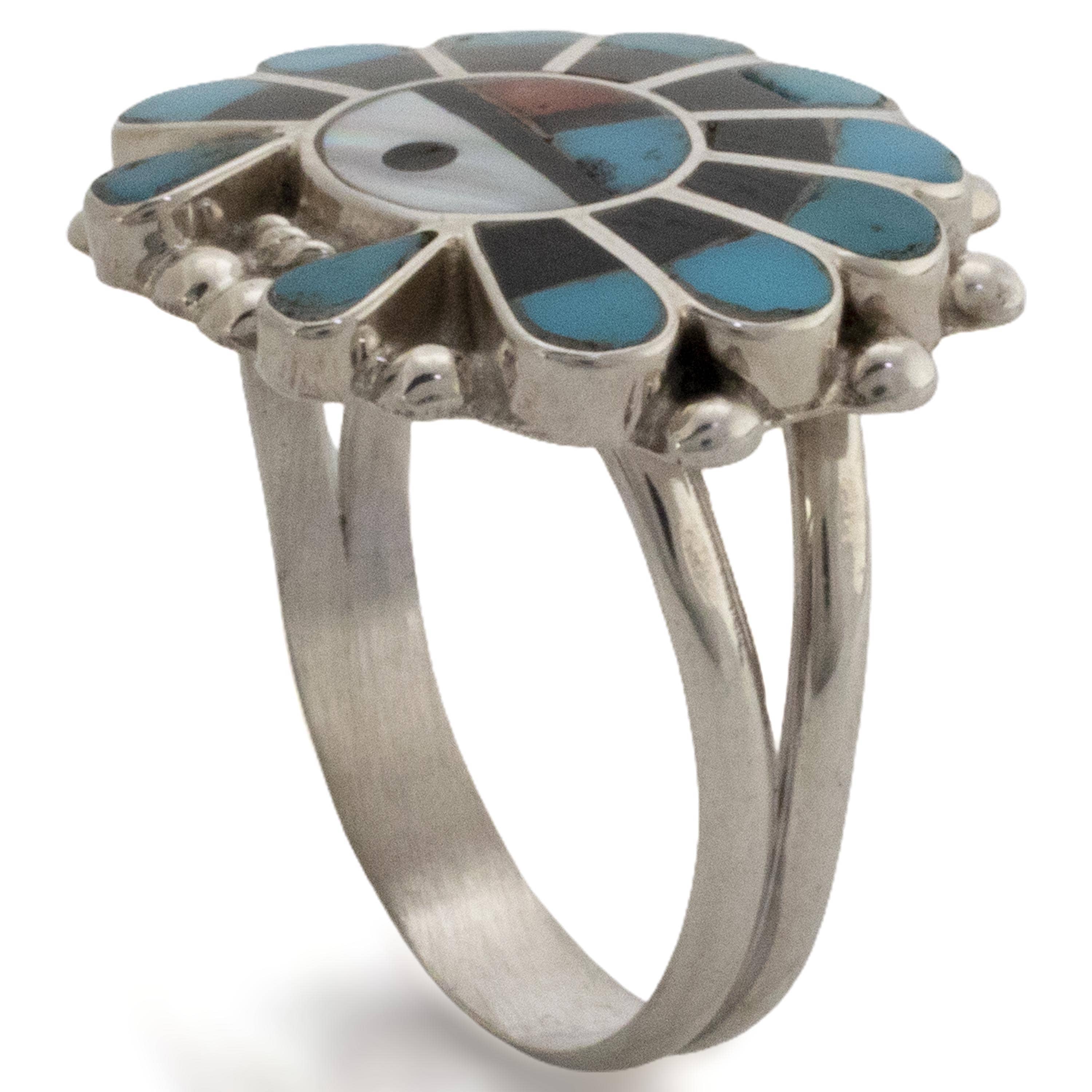 Kalifano Native American Jewelry E.R. Zuni Sunface Turquoise, Mother of Pearl, Jet, and Coral USA Native American Made 925 Sterling Silver Ring