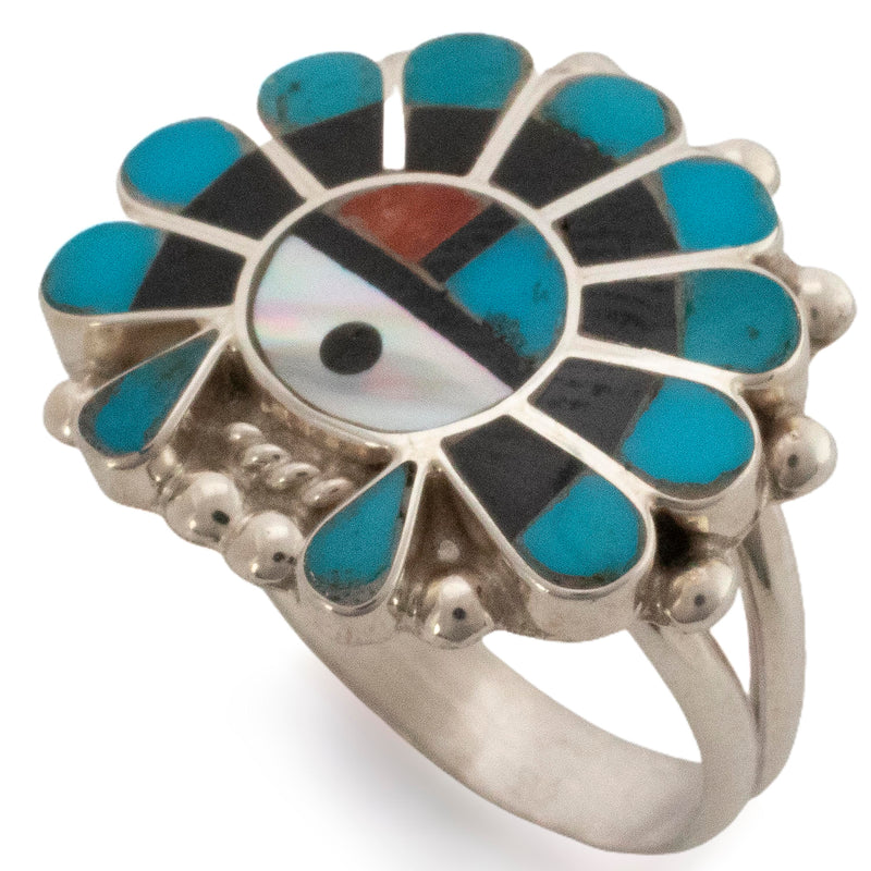 Kalifano Native American Jewelry E.R. Zuni Sunface Turquoise, Mother of Pearl, Jet, and Coral USA Native American Made 925 Sterling Silver Ring